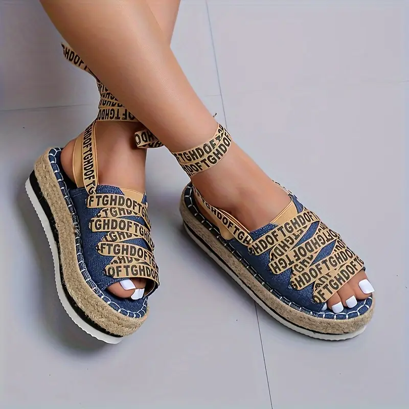 womens letter print platform sandals casual open toe summer shoes comfortable lace up sandals details 1