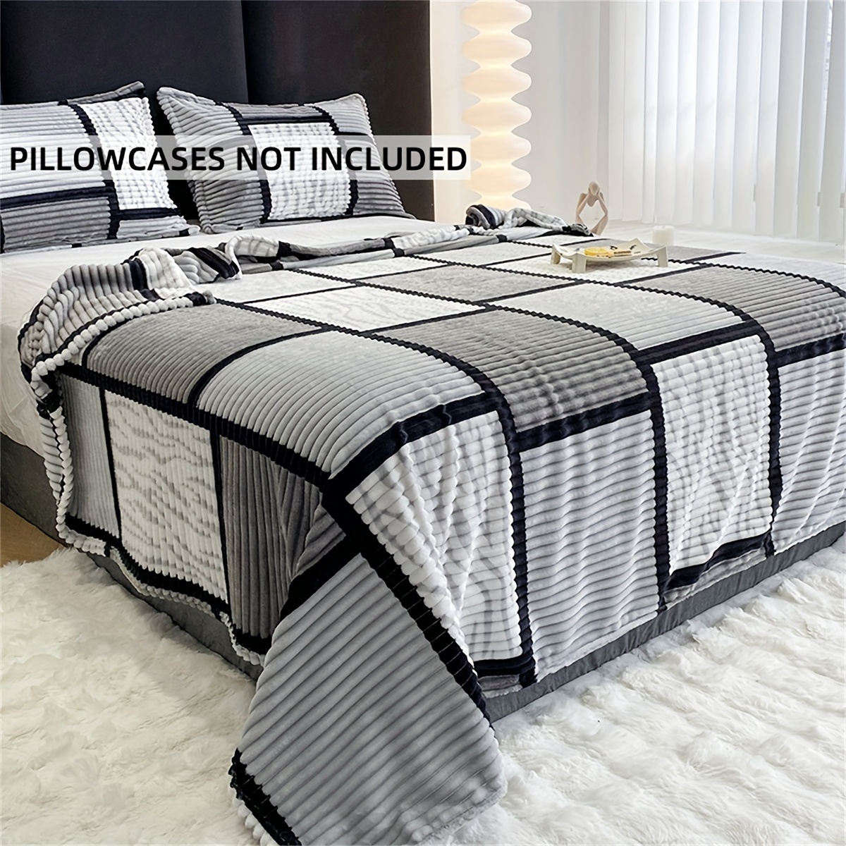 

1pc Minimalist Striped Plaid Color Block Printing Imitation Long Plush Blanket, Soft Warm Multi-purpose Bed Blanket Throw Blanket Shawl Blanket, For Living Room Bedroom Furniture Decoration