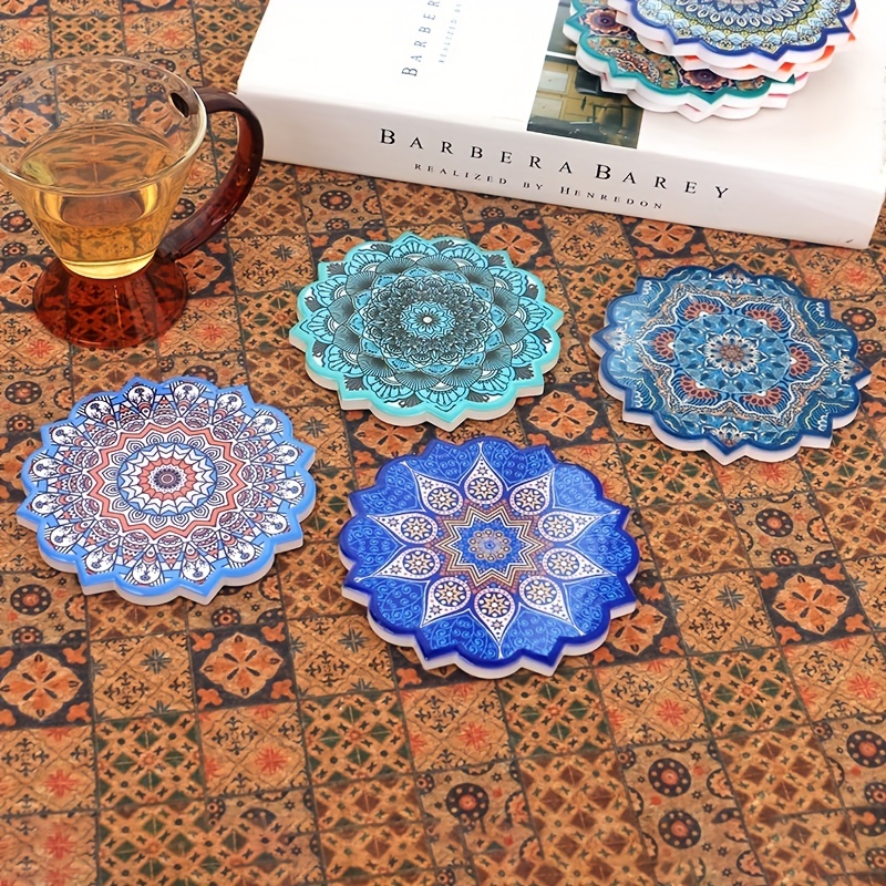 Colourful Round Ceramic Moroccan Design Coaster Geometric Mosaic Tile Cork  Base