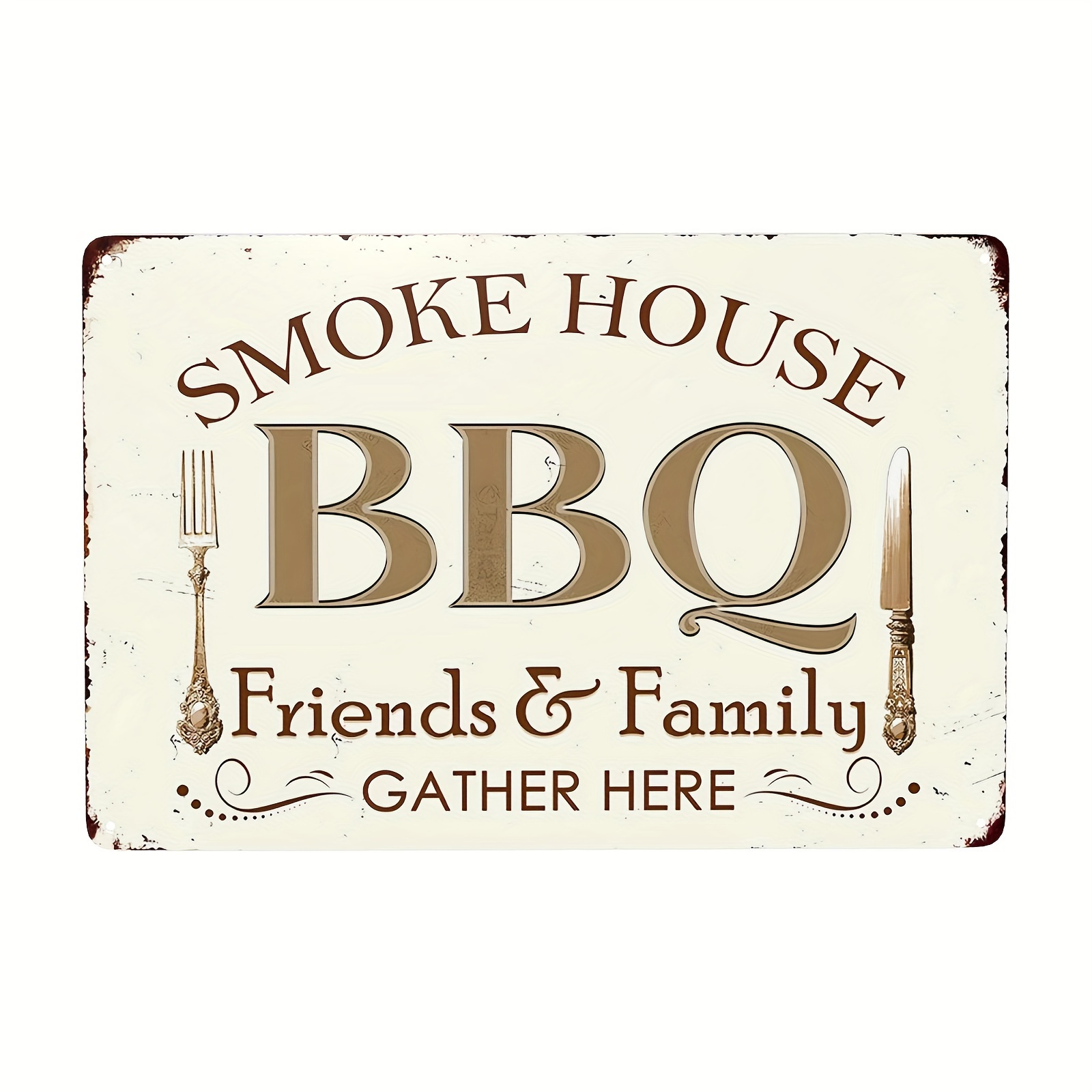 

1pc, Retro Aluminum Sign, Smoke House Bbq Friends And Family Gather Here Funny Retro Vintage Metal Wall Art Decor For Barbecue Bar Cafe Diner Kitchen Garage Man Cave Pub Pool Grill 12x8 Inch