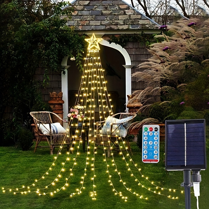 Solar Christmas Decorative Light, Led Pentacle Waterfall String Lights,  Remote Control 8 Mode Outdoor Waterproof, Suitable For Terrace, Bedroom,  Courtyard, Garden, Birthday Party, Valentine's Day, New Year Christmas,  Atmosphere Decorative Light - Temu