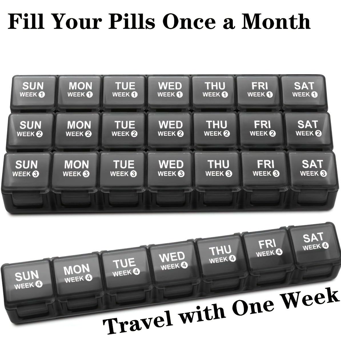 Organizador de pastillas mensual XL 1 vez al día con estuche a prueba de  polvo, pastillero extra grande de 4 semanas una vez al día, contenedor de
