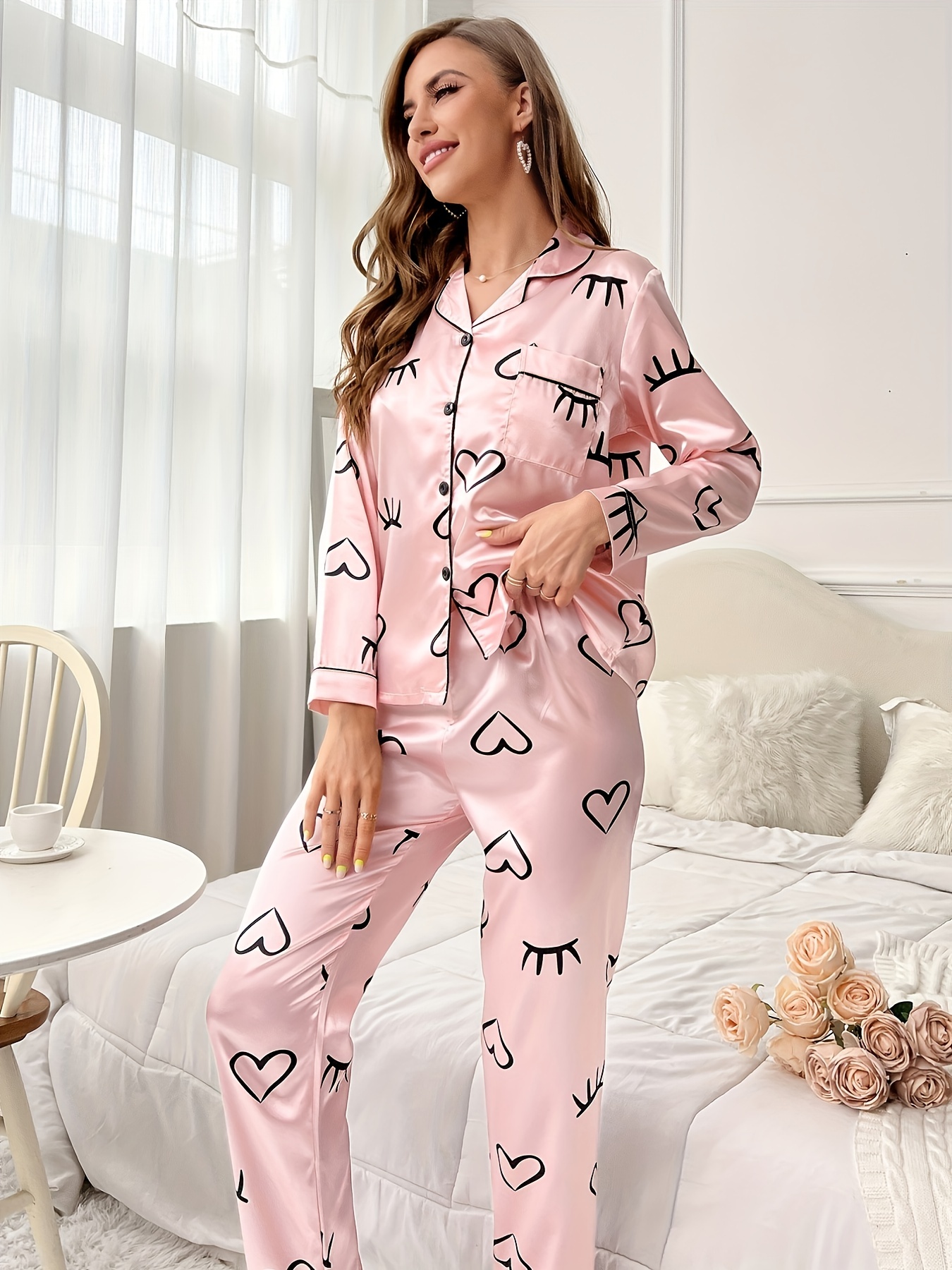 Heart Print Satin Pajama Set, Long Sleeve Buttons Top & Elastic Waistband  Pants, Women's Sleepwear & Loungewear