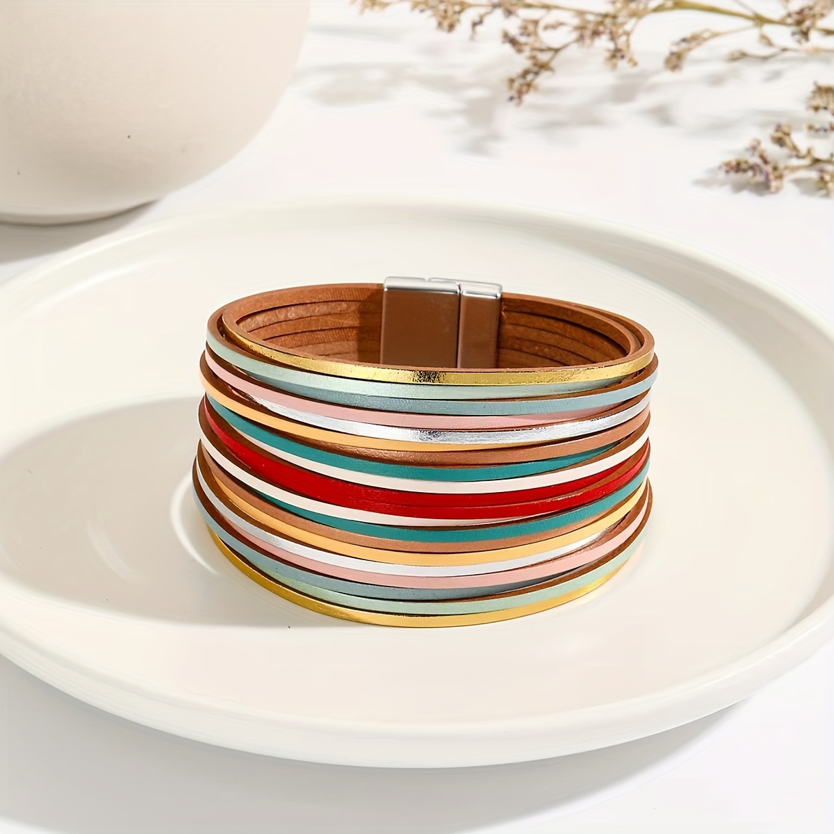 Boho Multicolor Ladies Cuff Bangle Leather Bracelet