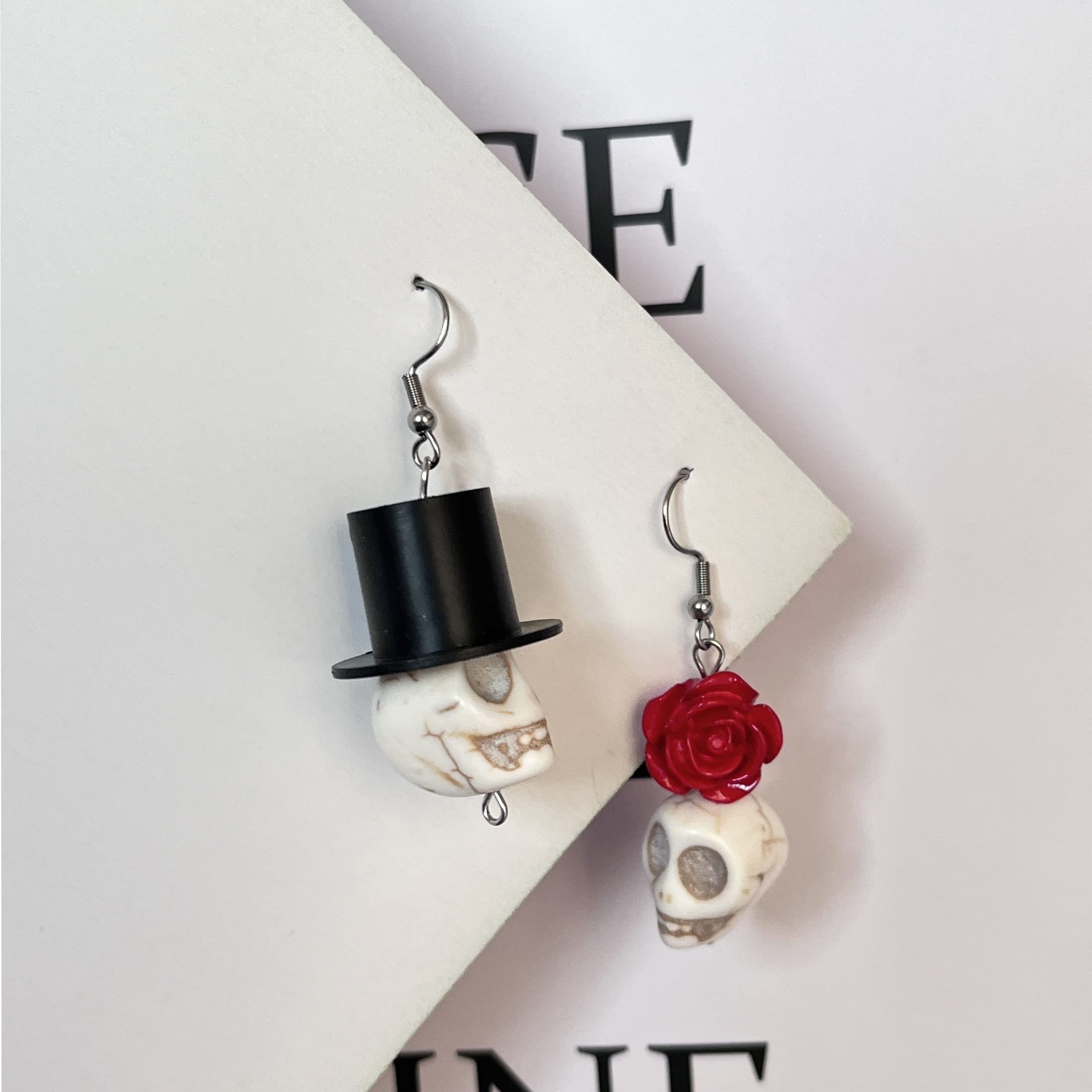 Gothic Skull & Rose Earrings Halloween Resin Crafted Iron Hooks