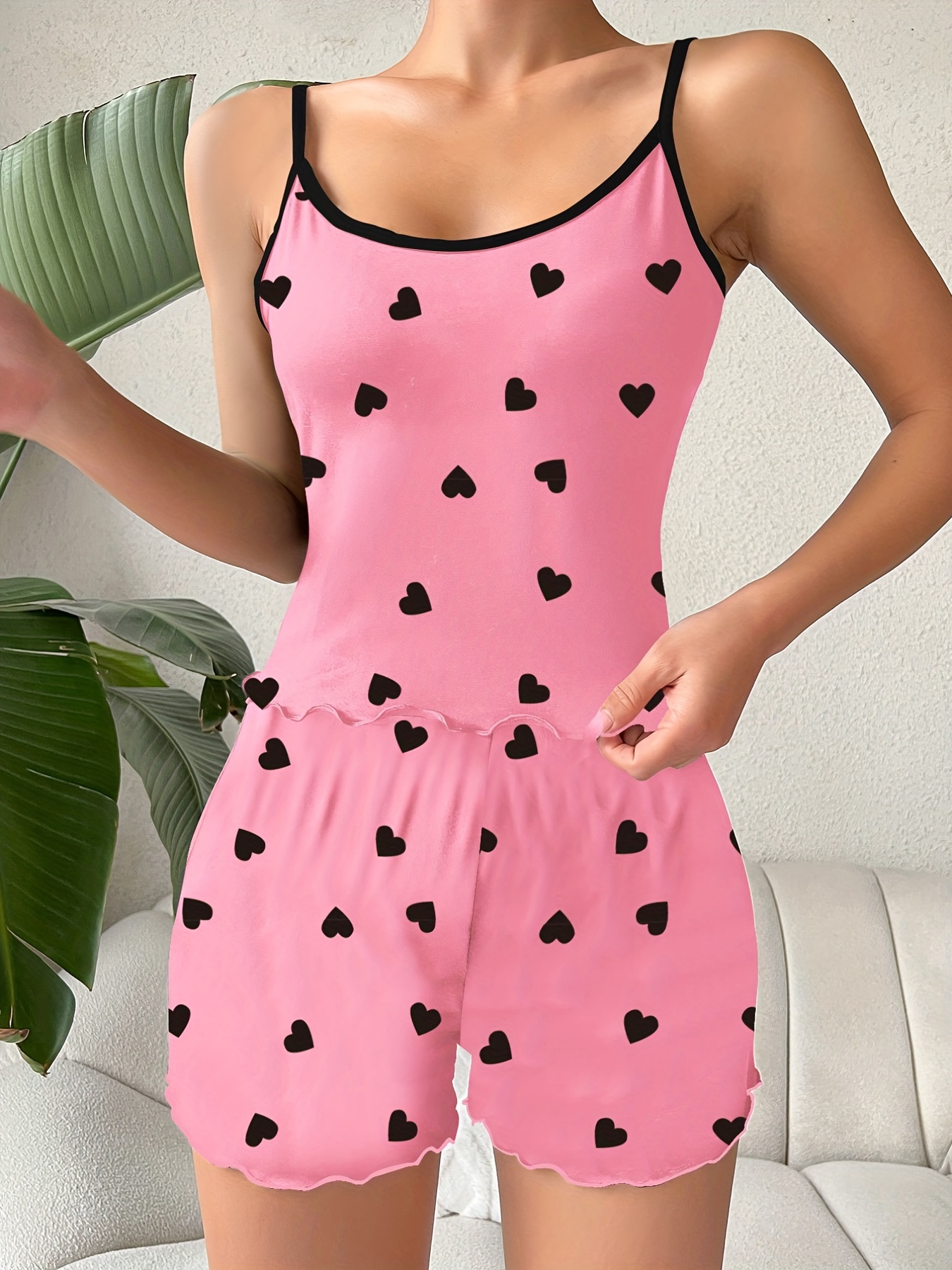 Heart Eyelash Print Pajama Set Scoop Neck Cami Top Lettuce - Temu