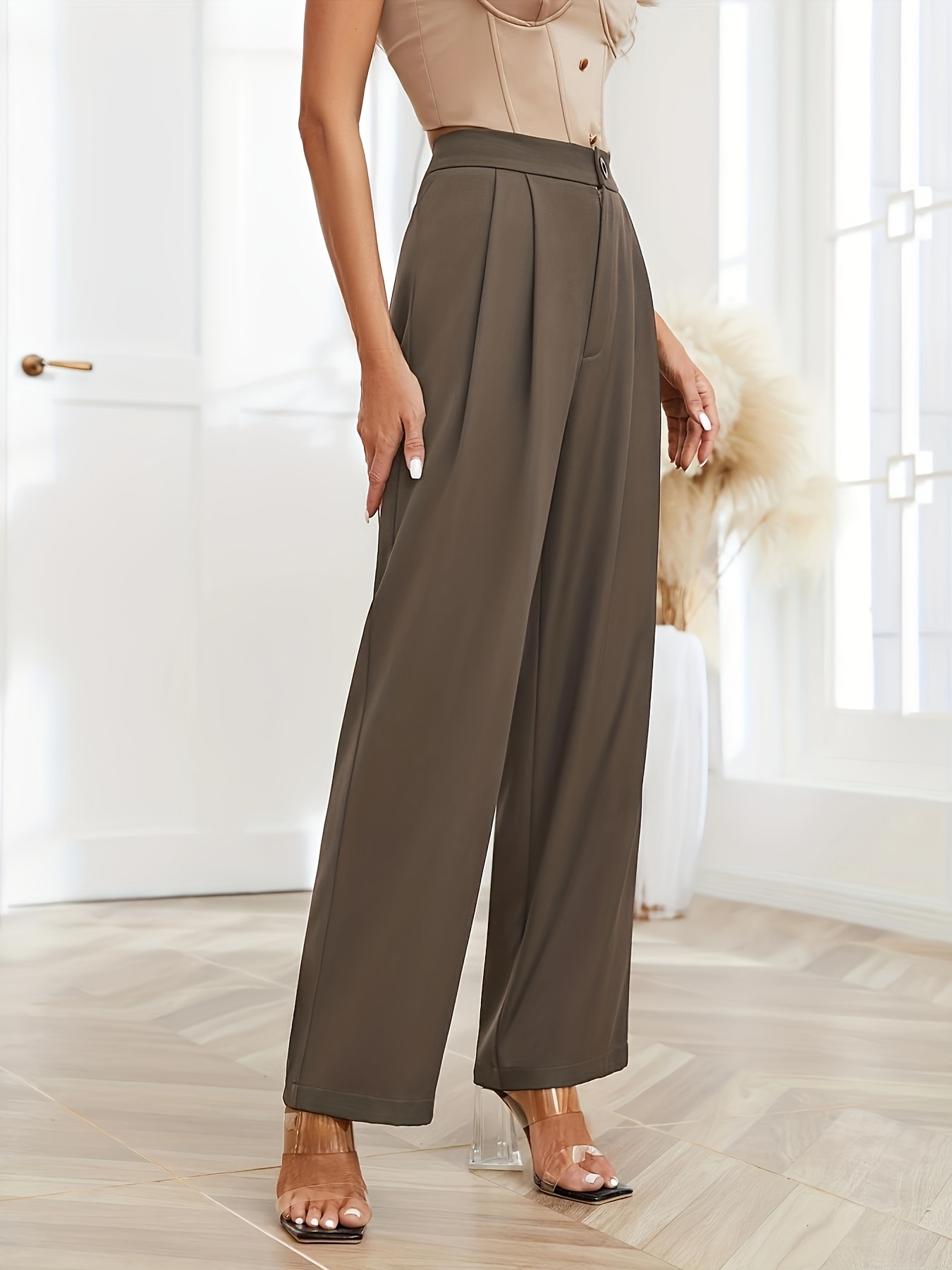 Solid High Waist Pants Casual Slim Long Length Pants Pockets - Temu