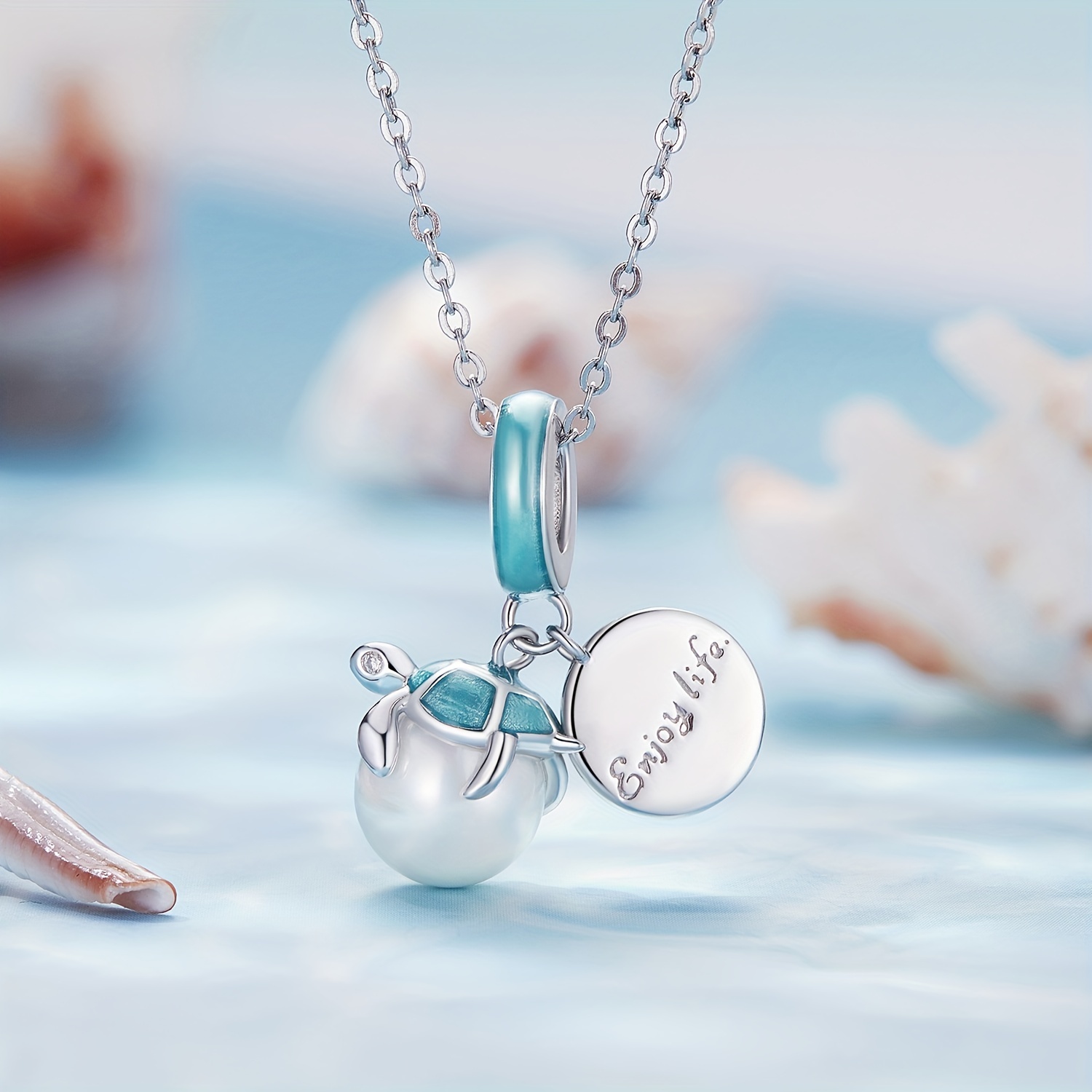 PANPOKI 925 Silver Turtle Tag Pendant Charms Ocean Series