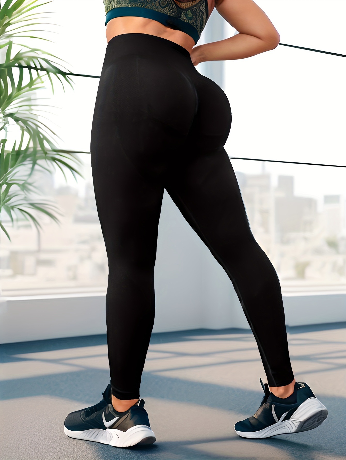 Plus Size Sports Leggings Women's Plus Plain Black High - Temu