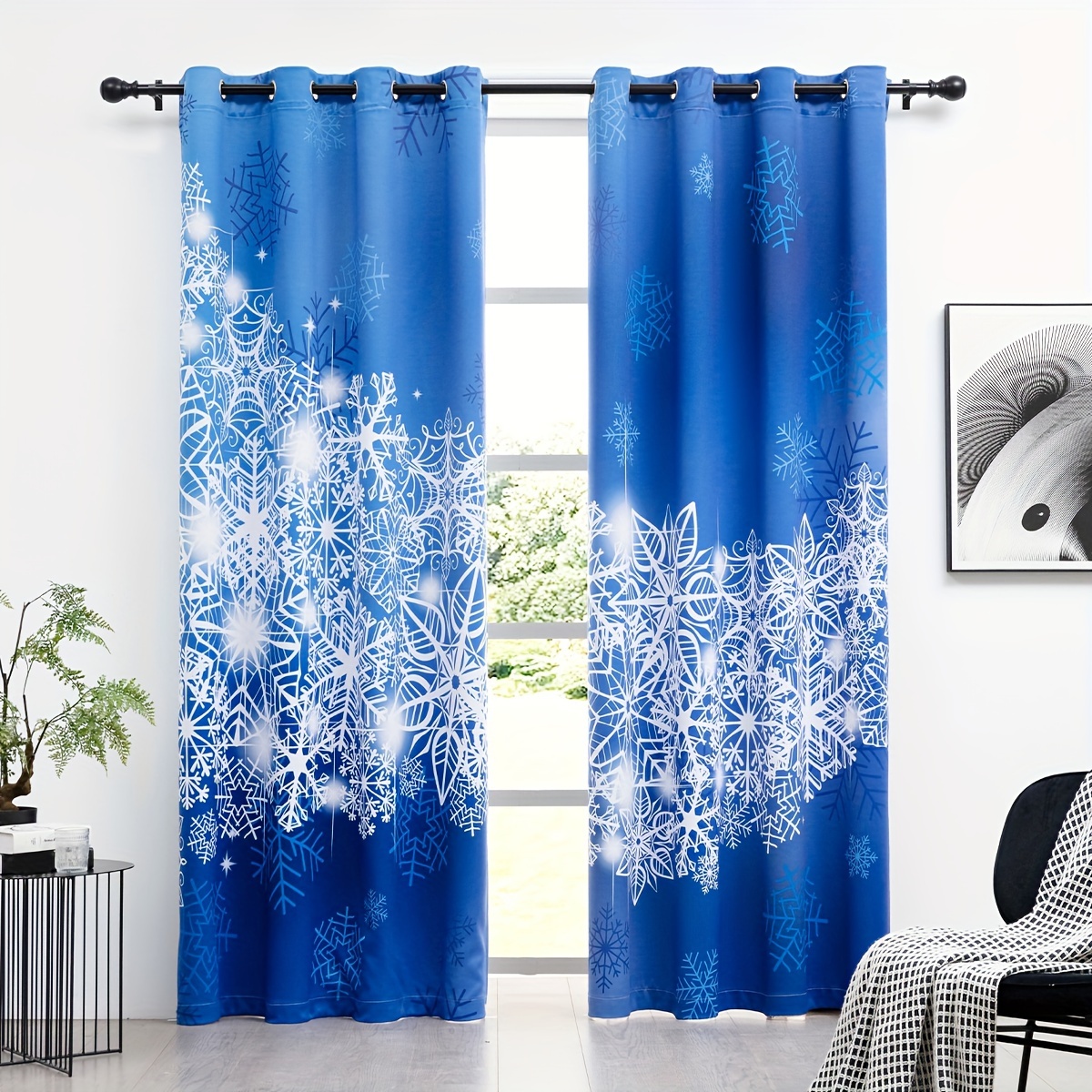 Snowflake Blackout Curtain Romantic No Hook Needed Blue - Temu