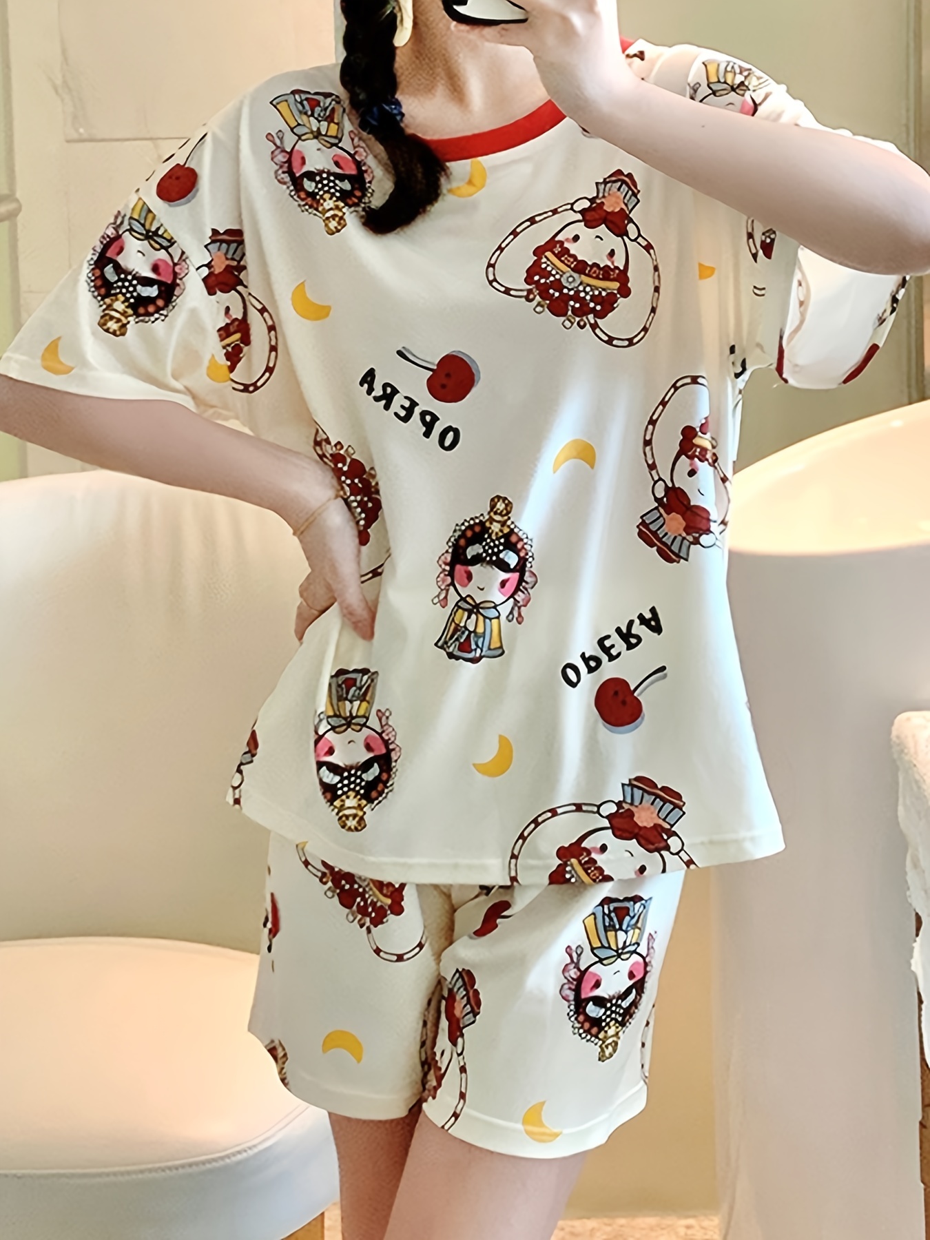 Cute Letters Love Print Pajamas Set Casual Short Sleeve Top - Temu