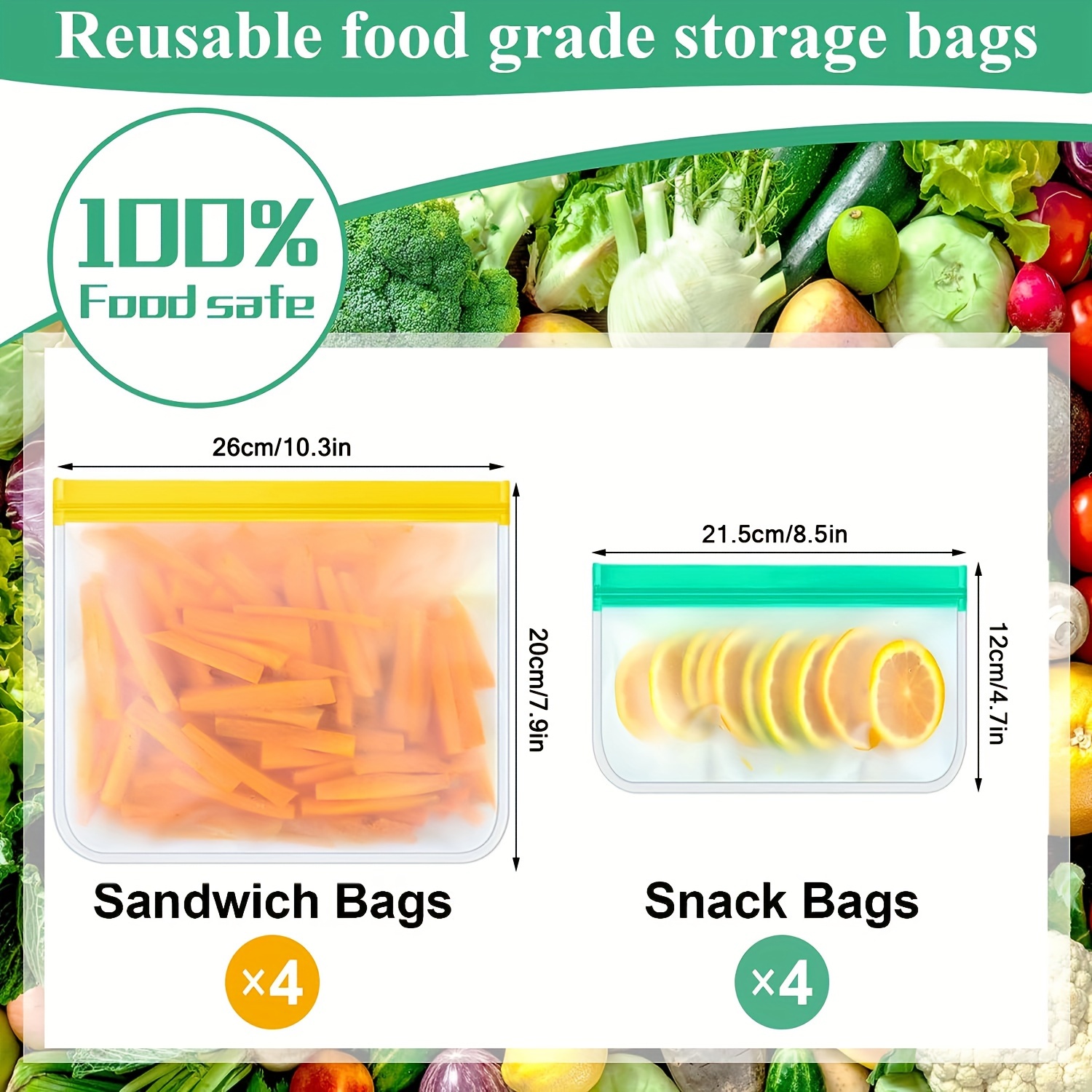 FoodVacBags Reusable PEVA Storage Bags -15 Pack (3 Gallon, 6 Sandwich, 6  Snack Bags) 