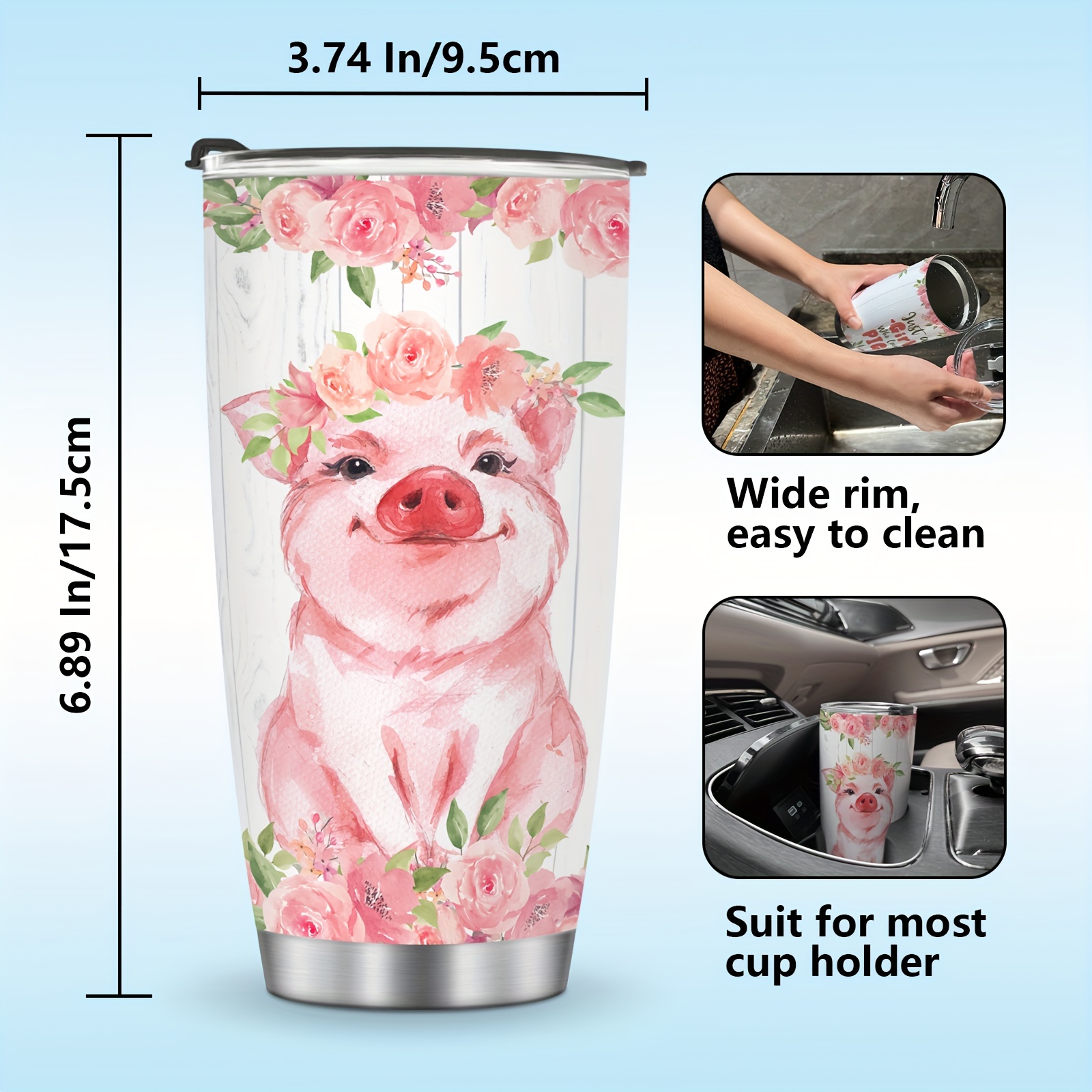 Pig Tumbler with Lid and Straw- Cute Pig Gifts for Pig Lovers