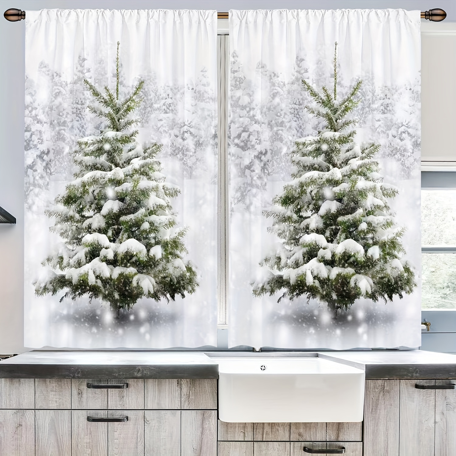 2pcs Christmas Green Curtain Tiers Pine Tree And White Curtains, Washable, Polyester Soft Curtain For Living Room Office Kitchen Home Decor