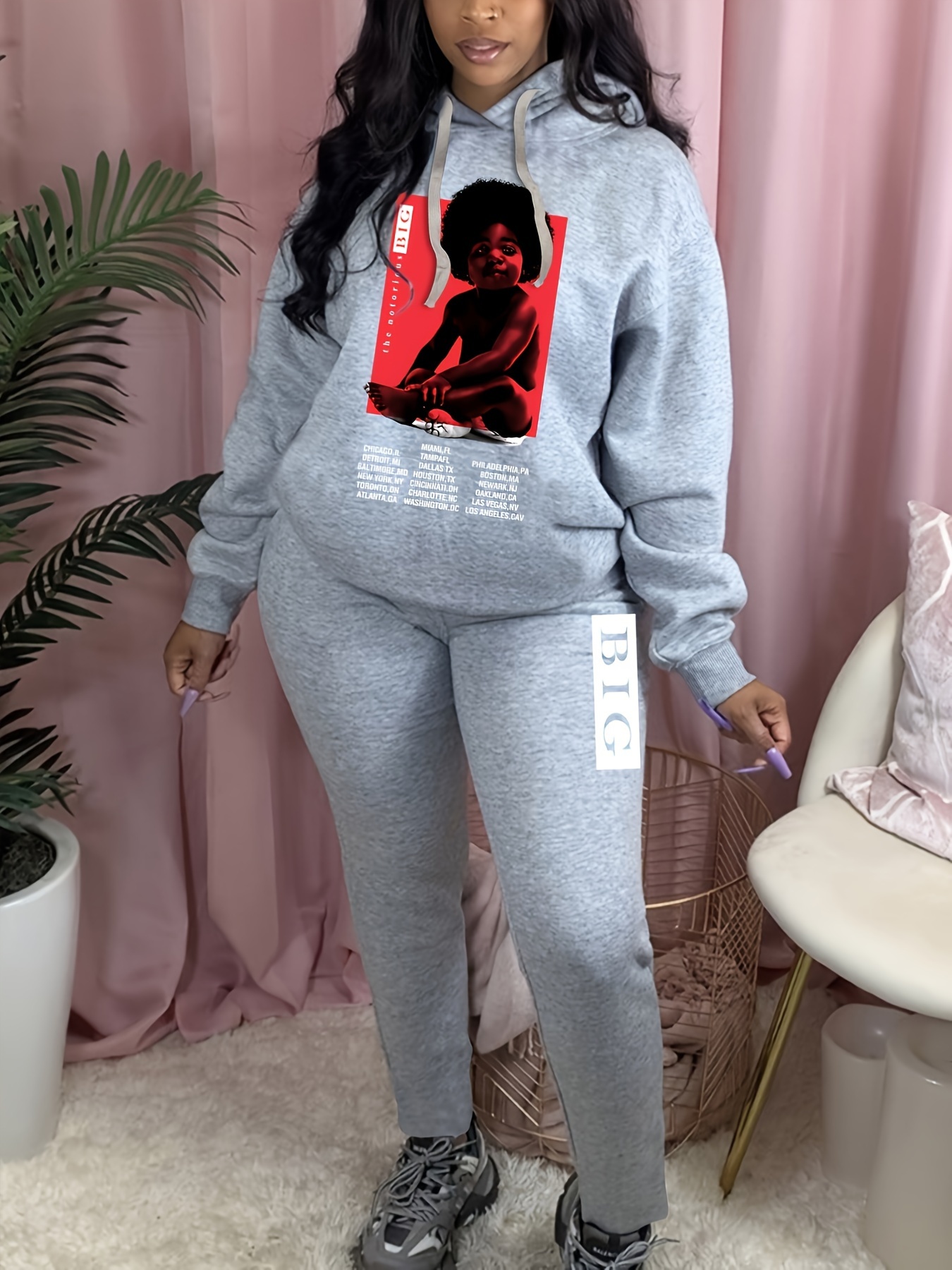 Plus Size Letter Print Sweatshirt Sweatpants Set Women's - Temu