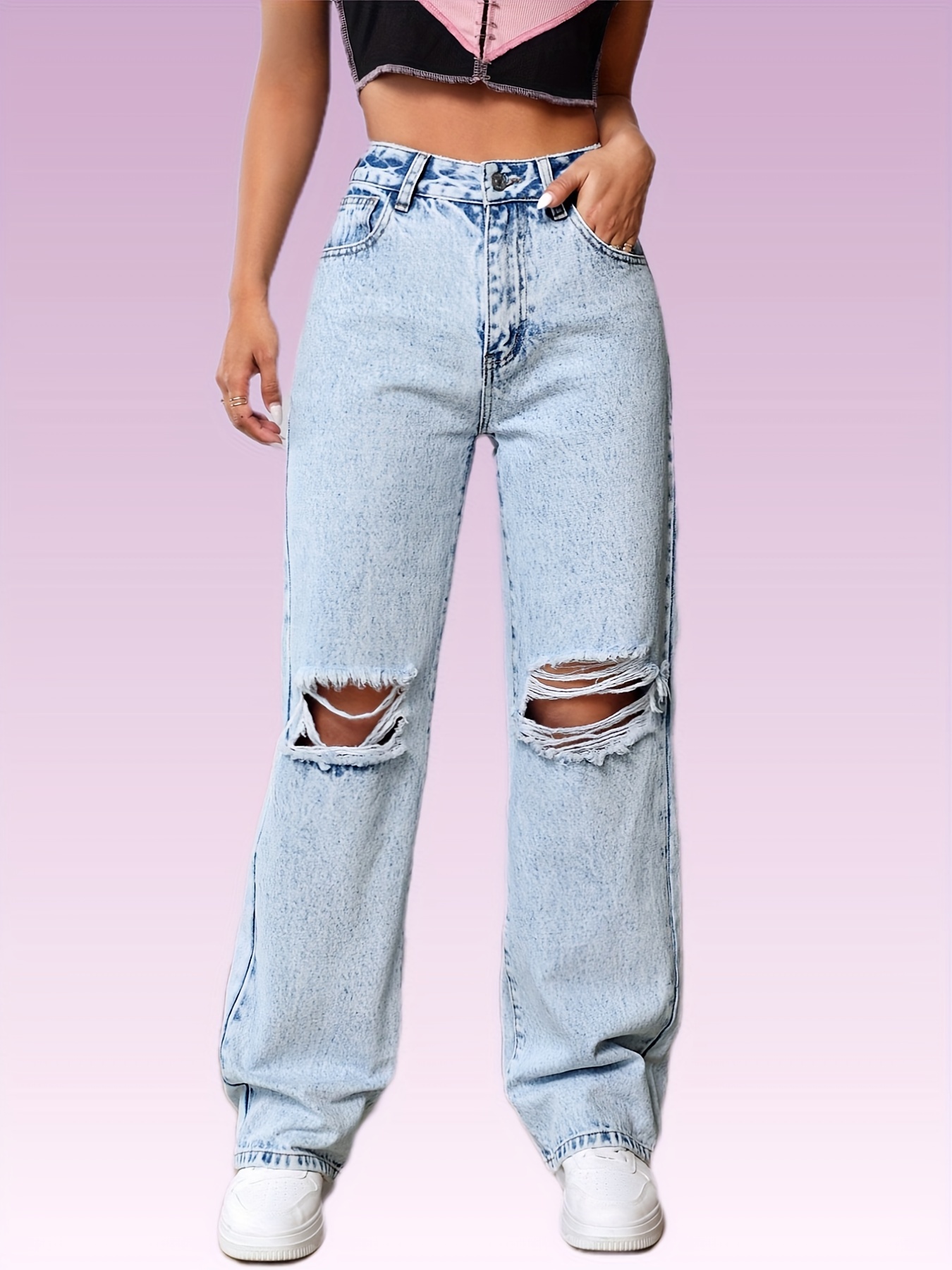 Black Ripped Holes Baggy Jeans Straight Legs Loose Fit Wide - Temu