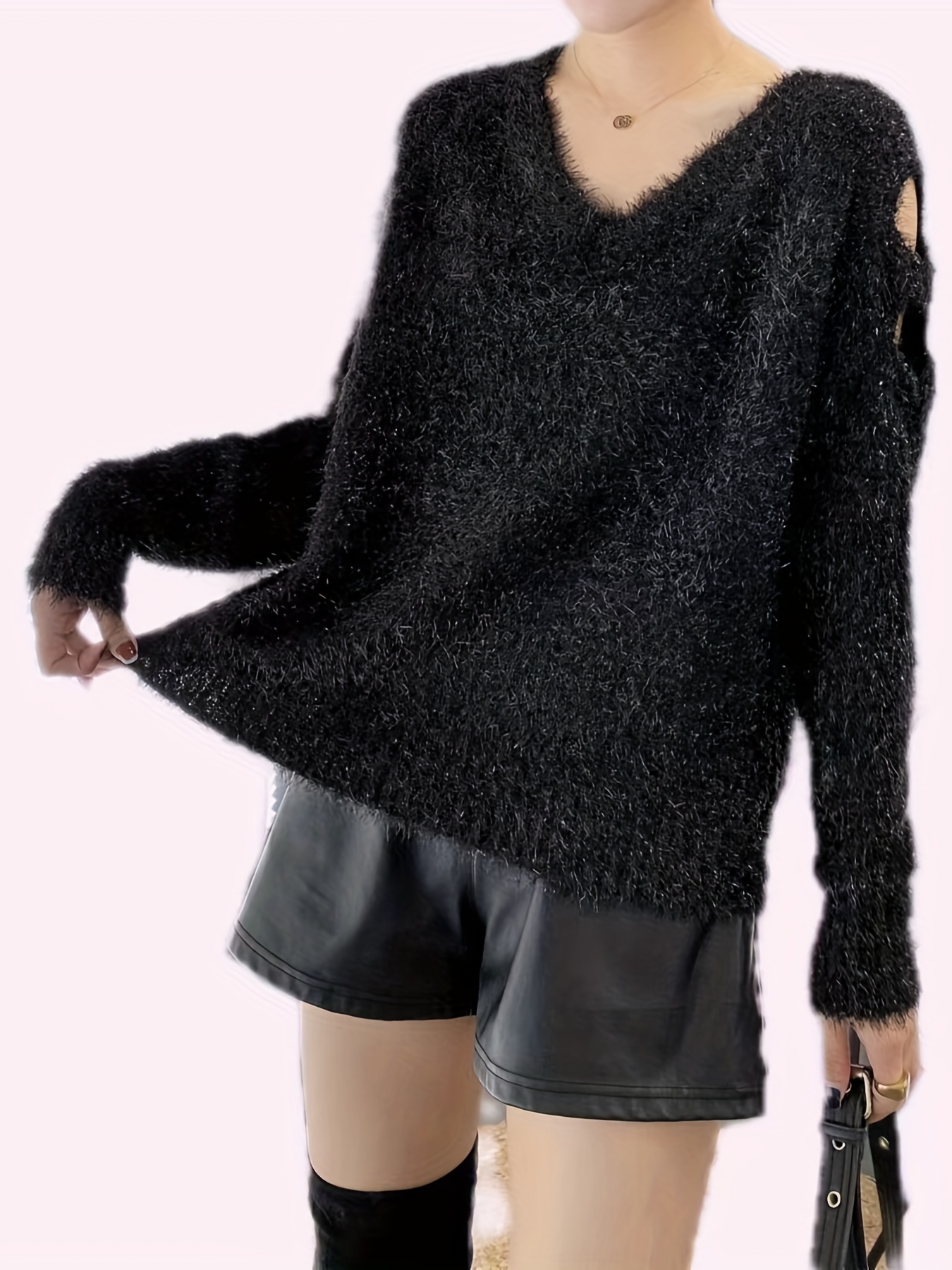 Solid V Neck Knit Sweater Casual Cut Long Sleeve Plush - Temu Canada