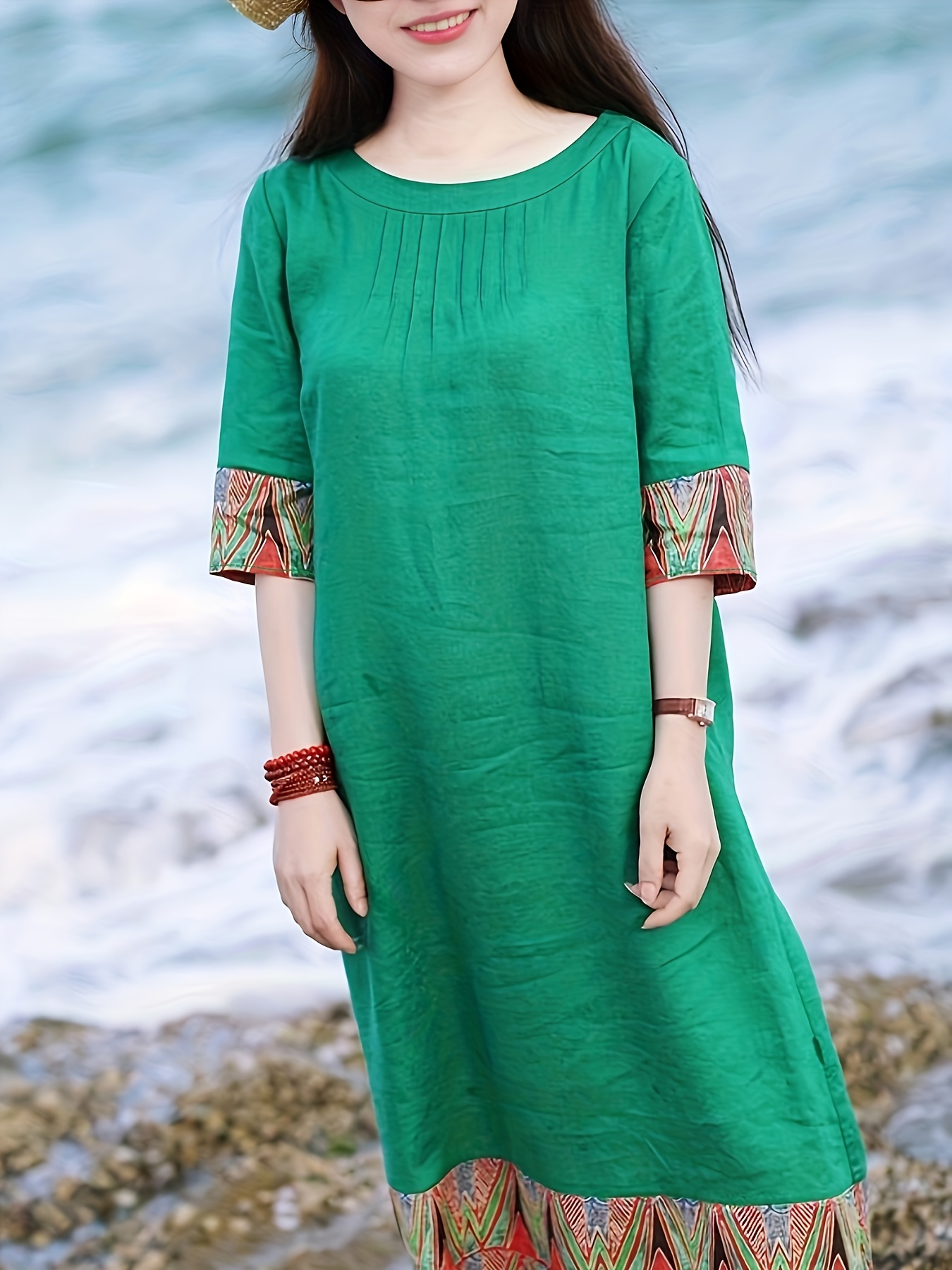 ENLACHIC Women's African Print Long Sleeve Swing Dress - Flowy Midi Dress, Plus Size Available, Soft Stretchy Fabric