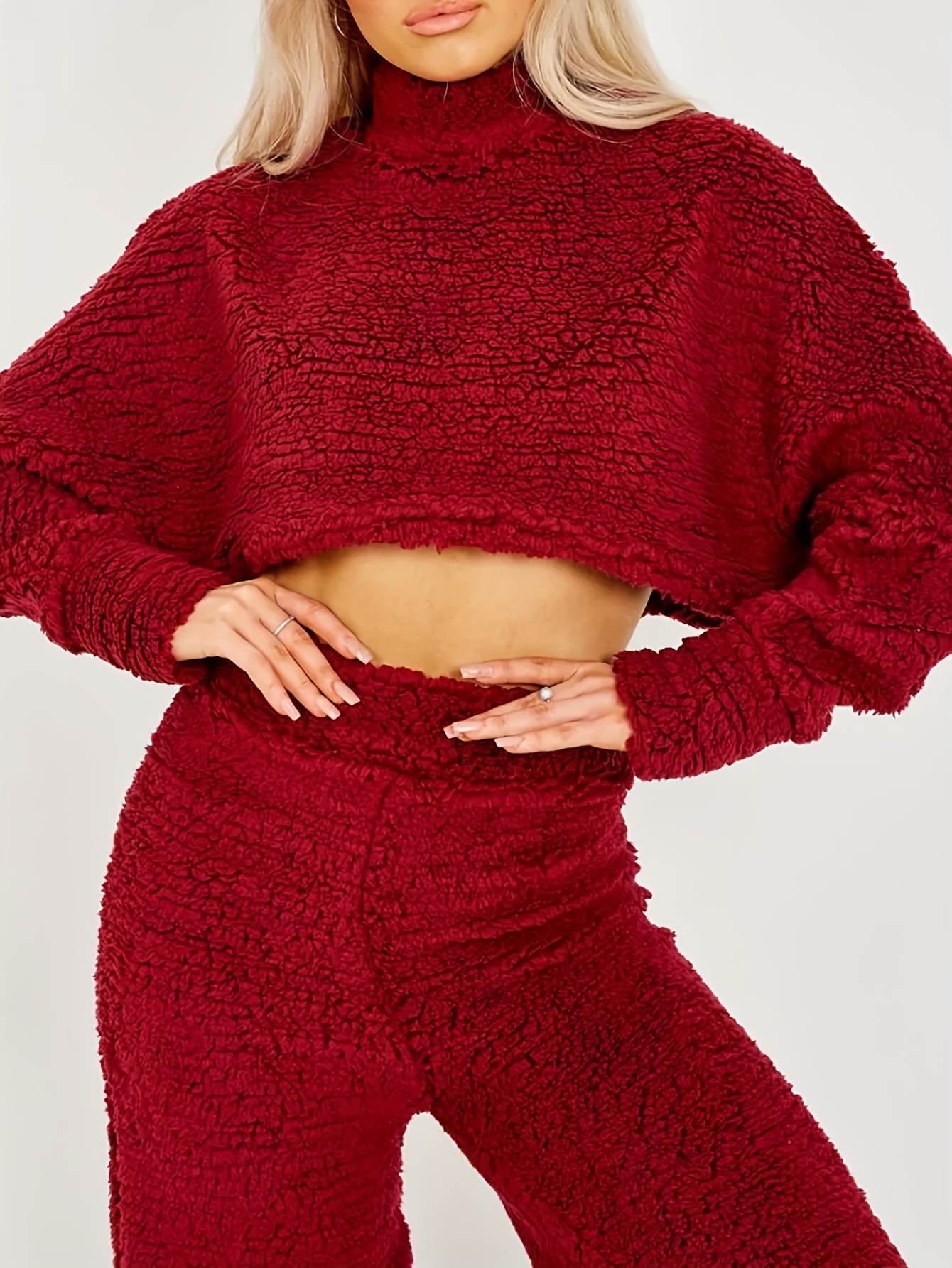 Solid Ribbed Two piece Set Funnel Neck Long Sleeve Tops High - Temu Canada