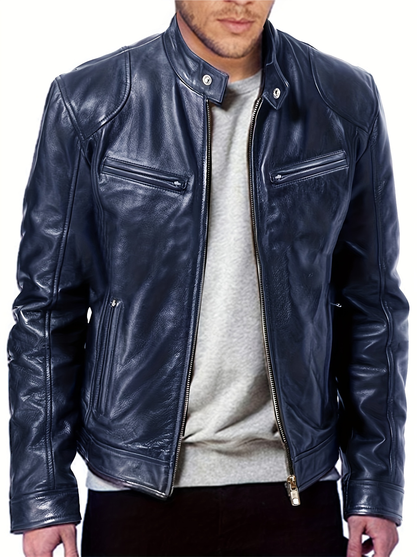 Casual Wear Stand Collar Mens Navy Blue Leather Jacket - Jackets