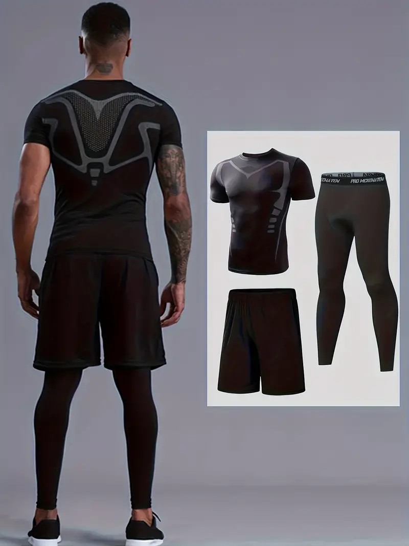 3pcs Men's Base Layer Sets, Compression Short Sleeve Round Neck Tops Shirts  & Bottom Pants & Shorts, Sports Fitness Workout Body Shaper Suit, Sports S