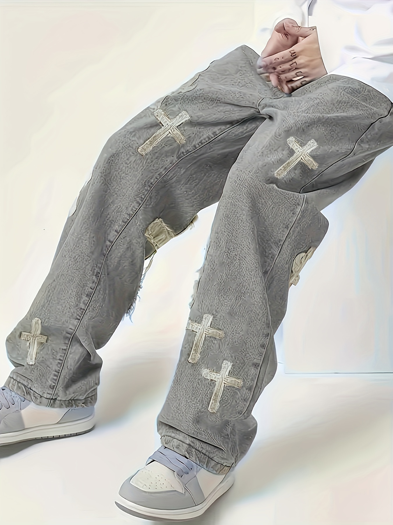 Y2k Cross Embroidery Jeans Men's Casual Loose Fit Street - Temu Mexico