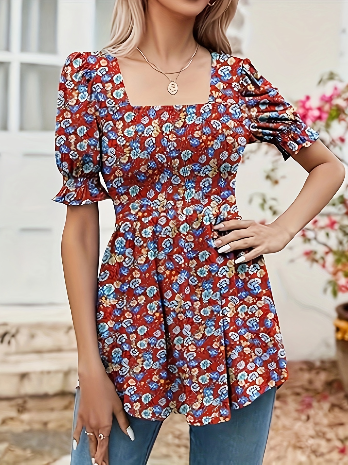 Elegant Ditsy Floral Dress Short Sleeve Square Neck Spring - Temu