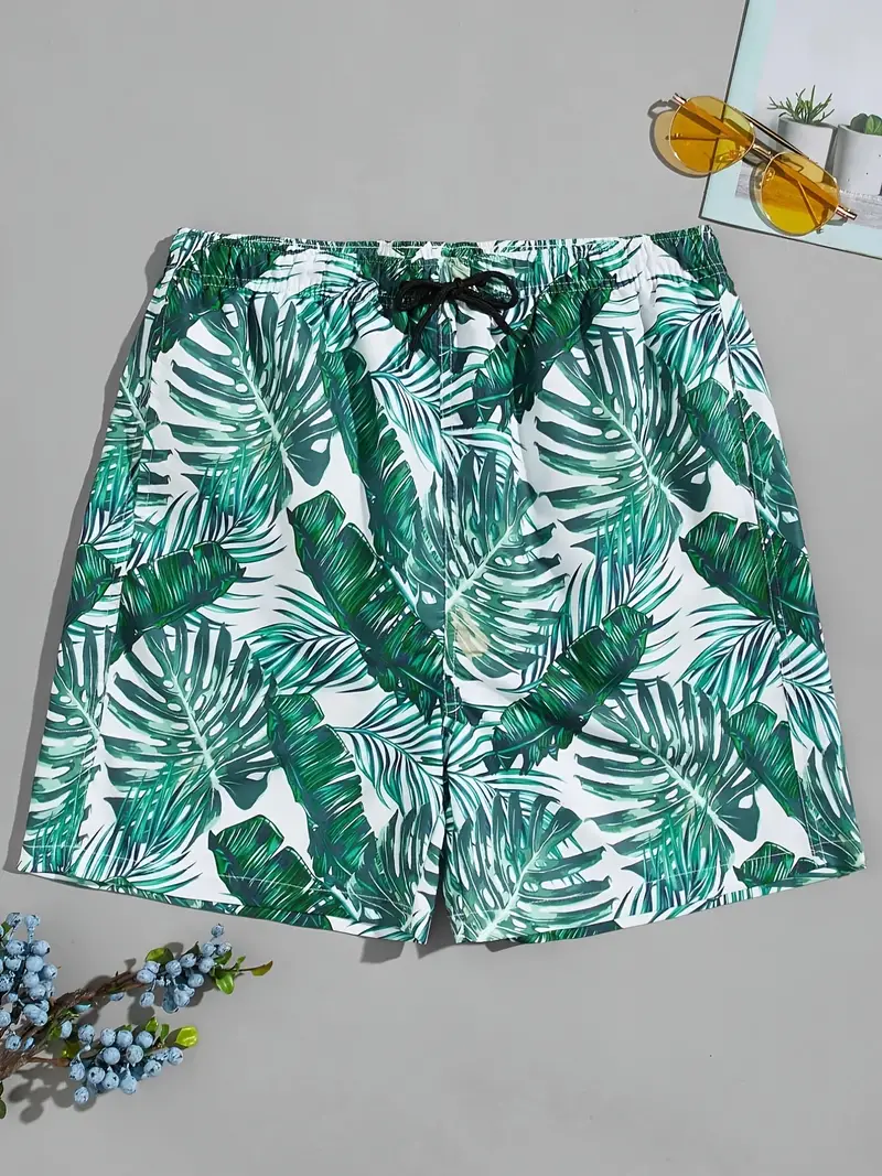 Men's Plus Size Fully Print Green Leaf Shorts Beach Pants - Temu Philippines
