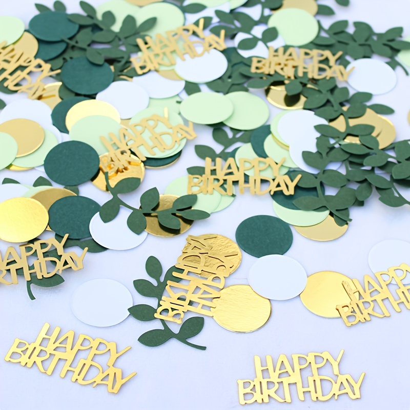 Image of 120pcs, Birthday Party Confetti, Golden Card Happy Birthday Green Leaf Round Piece Confetti, Birthday Party Table Sprinkle Props, Birthday Party Desktop Decoration Supplies
