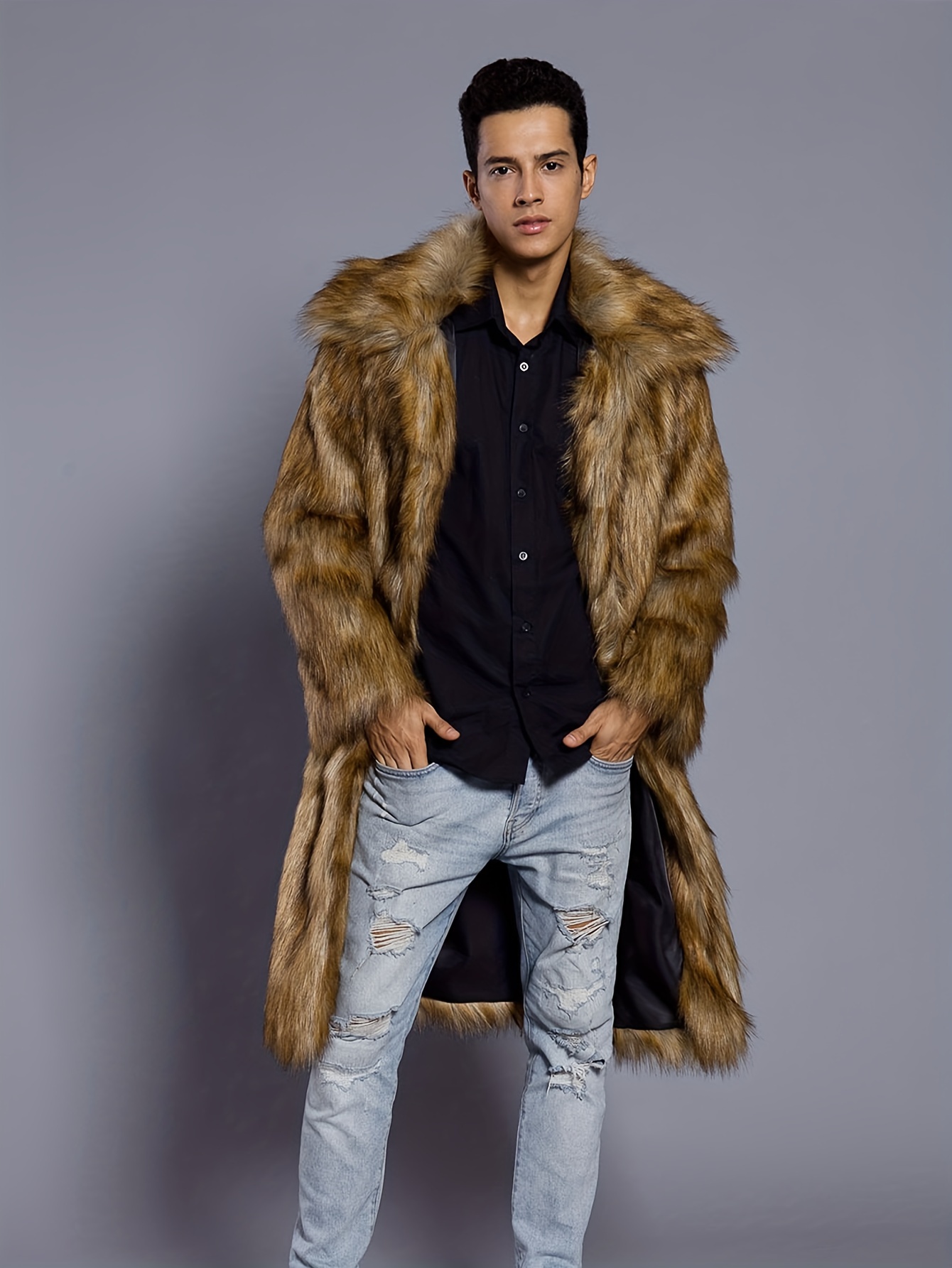 Winter Mens Faux Fur Overcoat Fur Collar Jacket Outdoor Trench