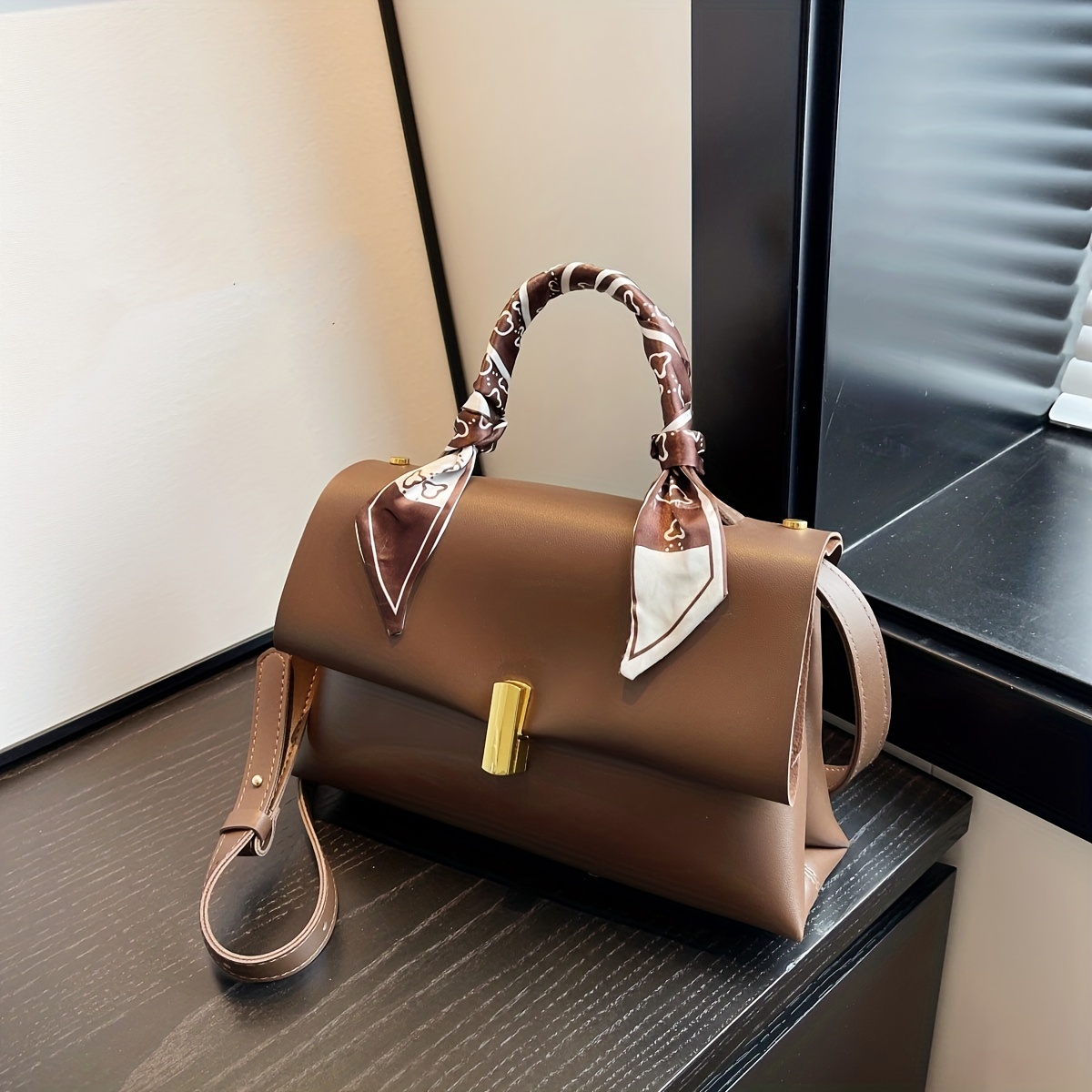 Scarf Handle Crossbody Flap Bag, Pu Leather Textured Bag Purse, Classic  Versatile Fashion Shoulder Bag - Temu