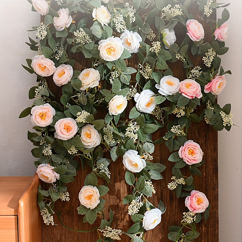 Romantic Rose Vine, Artificial Garland Hanging Fake Rose Ivy Silk Flowers  Greenery Plants for Wedding Backdrop Party Office Wall Home Decor 