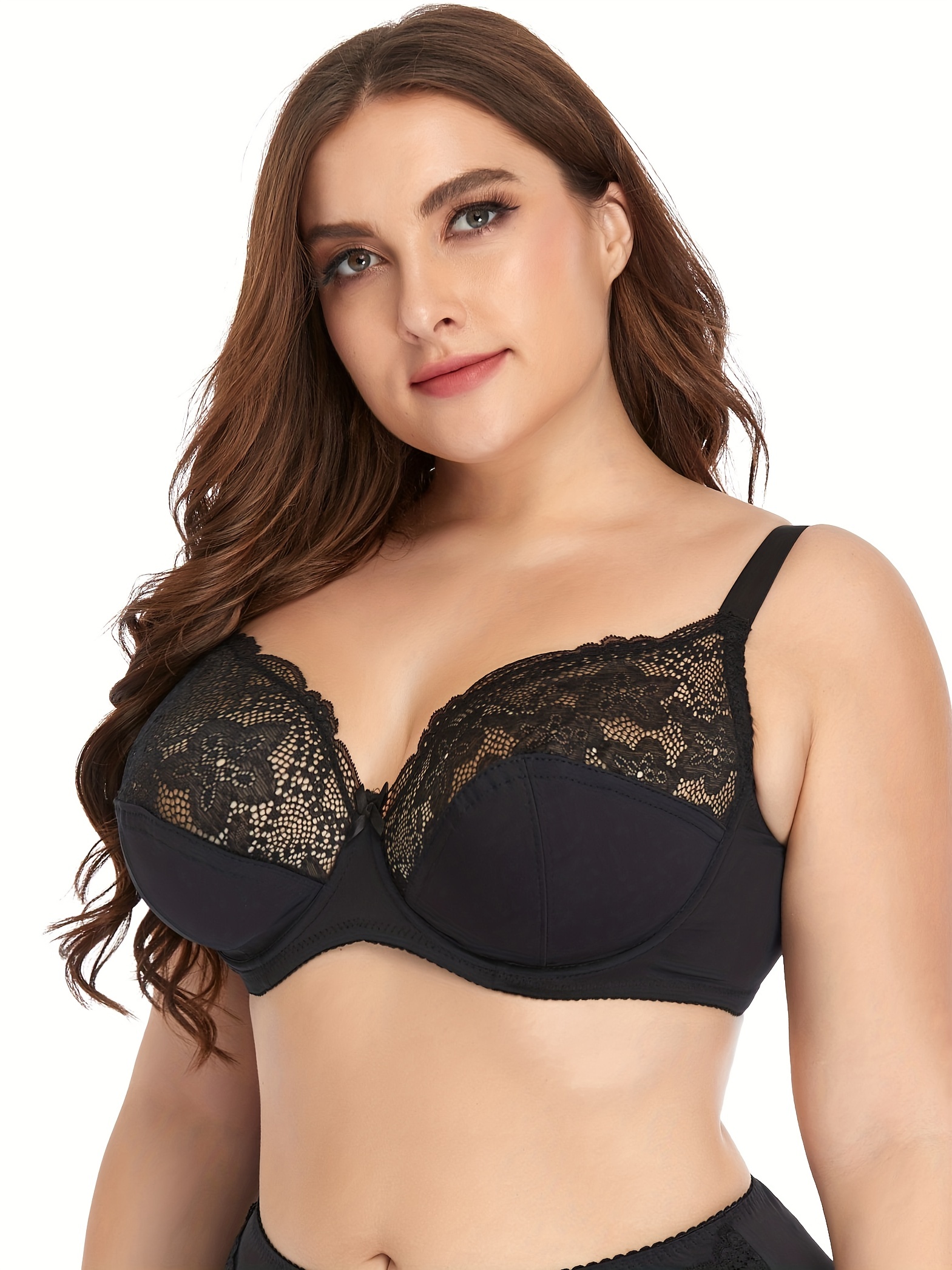 Plus Size Floral Embroidered Contrast Mesh Semi Sheer Bra - Temu