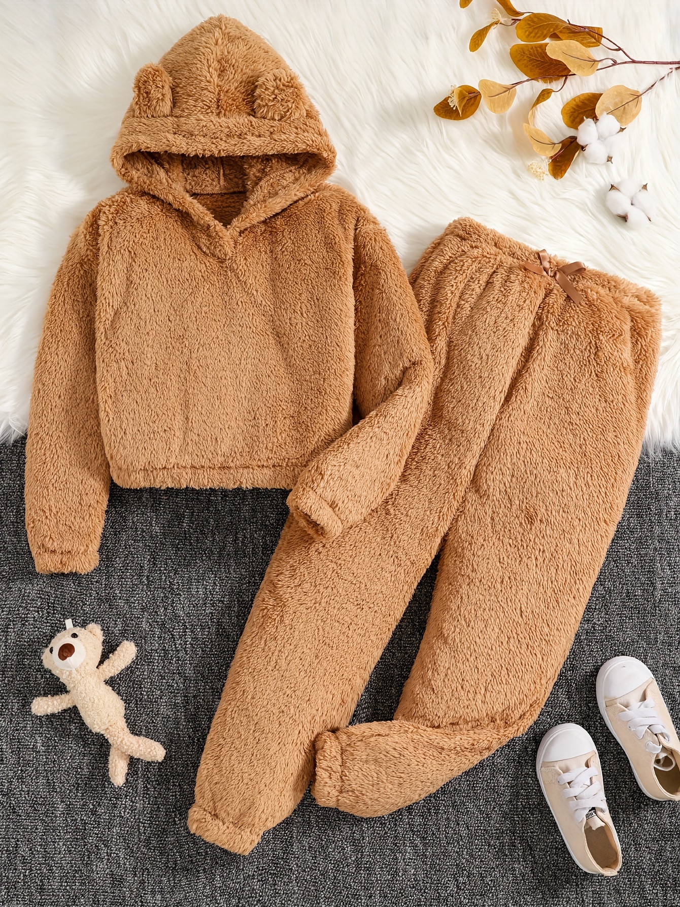 Girls Solid 3d Ear Design Outfits Fuzzy Teddy Hoodie Pants - Temu