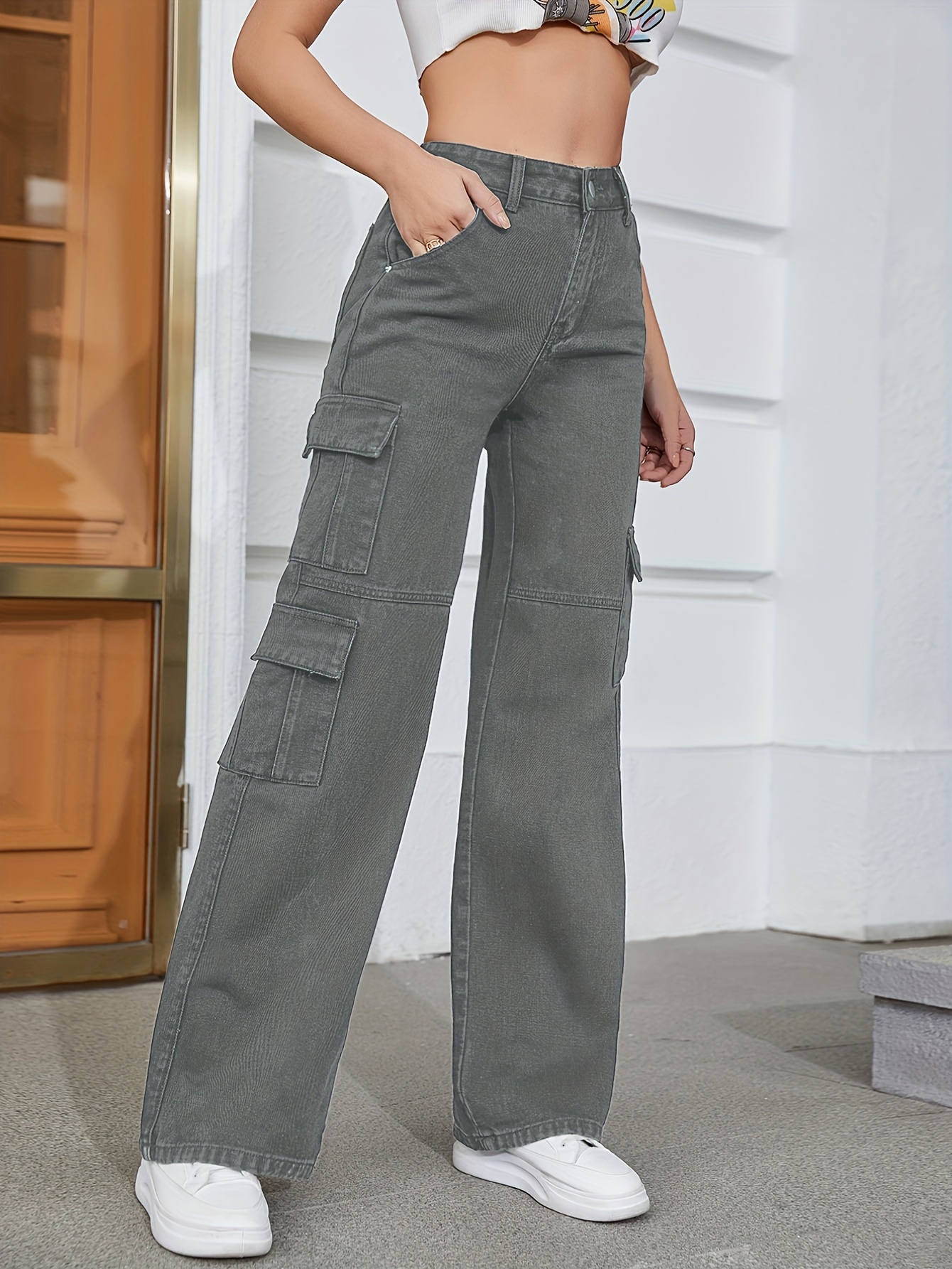 Brown Side Flap Pocket High Waist Cargo Jeans, Solid Color Multi-pocket  Casual Straight Denim Pants, Women's Denim Jeans & Clothing