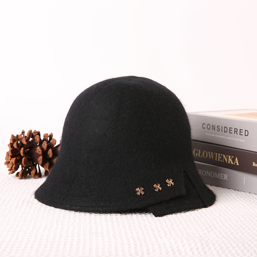 Metal Flower Wool Bucket Hat Classic Solid Color Warm Cloche Hats Vintage  Fedoras Coldproof Fisherman Cap For Women Autumn & Winter