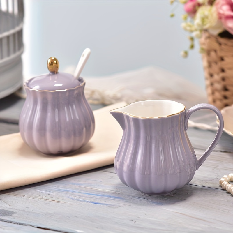 Porcelain Sugar And Creamer Jar With Tray And Lid Set Cream - Temu