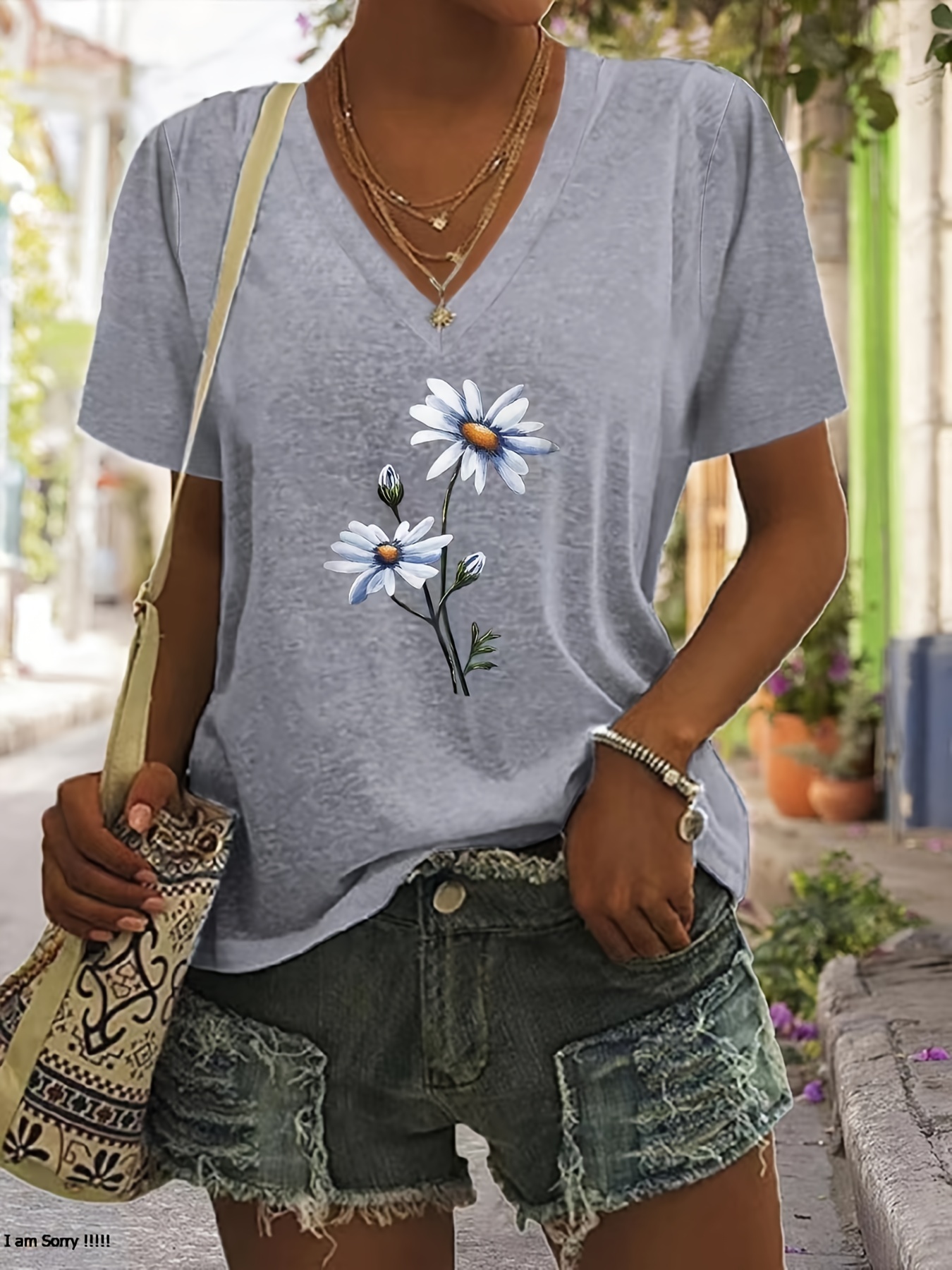 floral print v neck t shirt casual short sleeve t shirt for summer womens clothing light grey 0