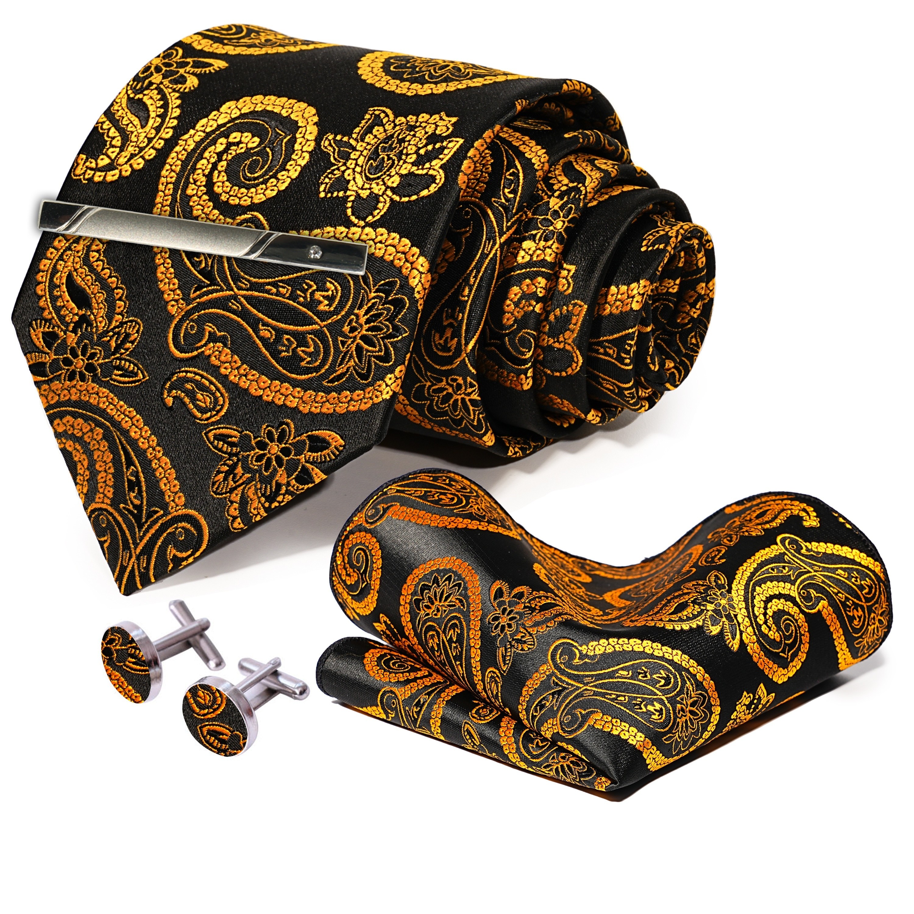 Men's Tie & Pocket Square Towel & Cufflinks & Ties Clip Set, Woven