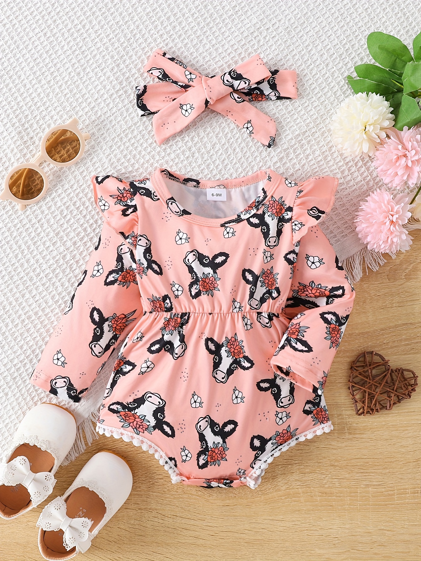 Baby Girls Cute Cow Head Flower Graphic Ruched Long Sleeve - Temu