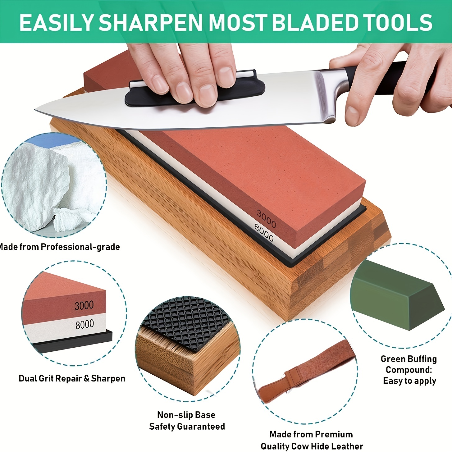 Knife Sharpening Stone 12 Pcs Premium Whetstone Set, 400/1000,3000/8000  Dual Grit, 2 Flattening Stone, Leather Pad, Polishing Wax, Bamboo Base -  Knife