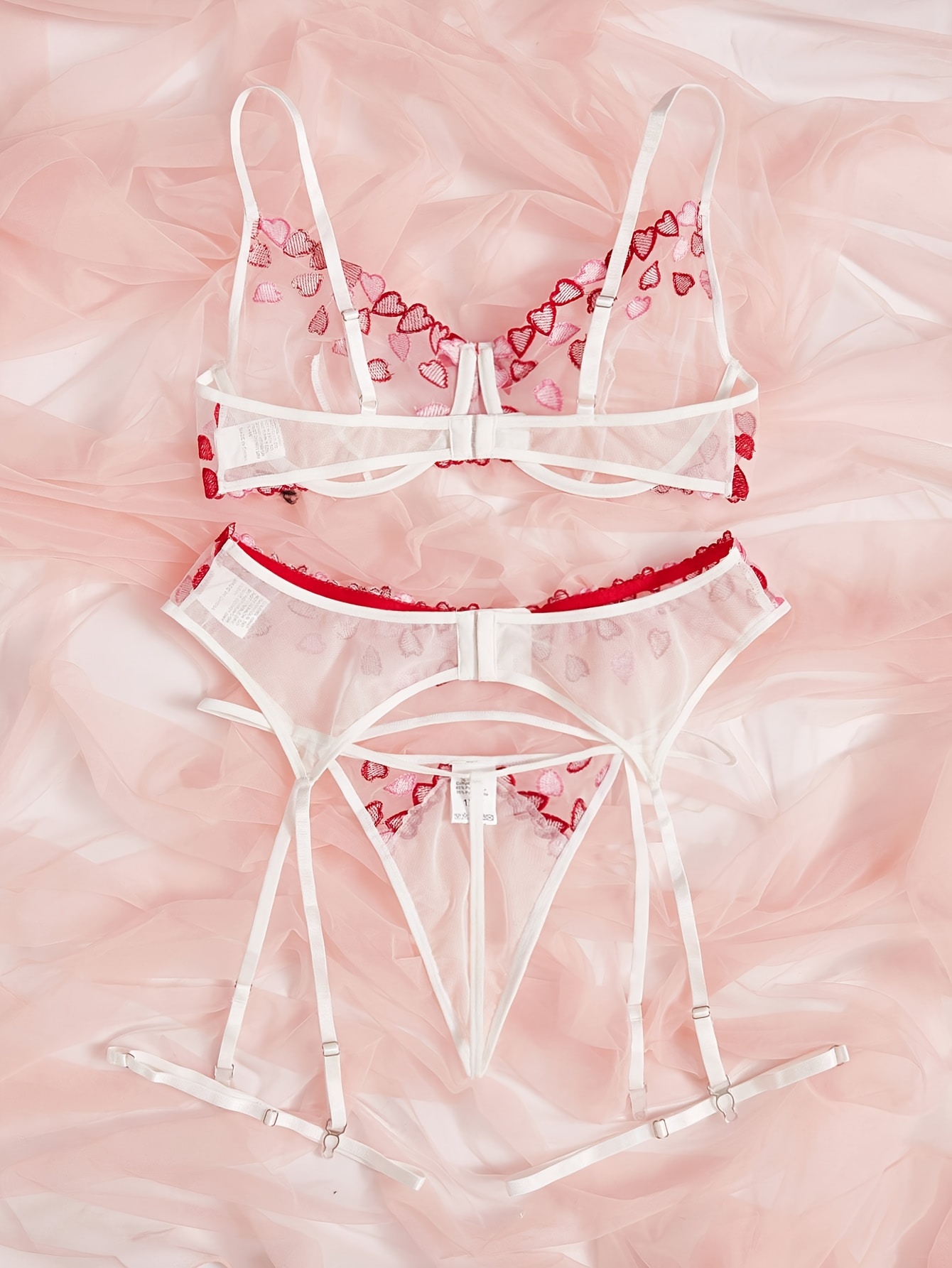 Valentine's Day Heart Embroidery Lingerie Set Semi Sheer - Temu Portugal