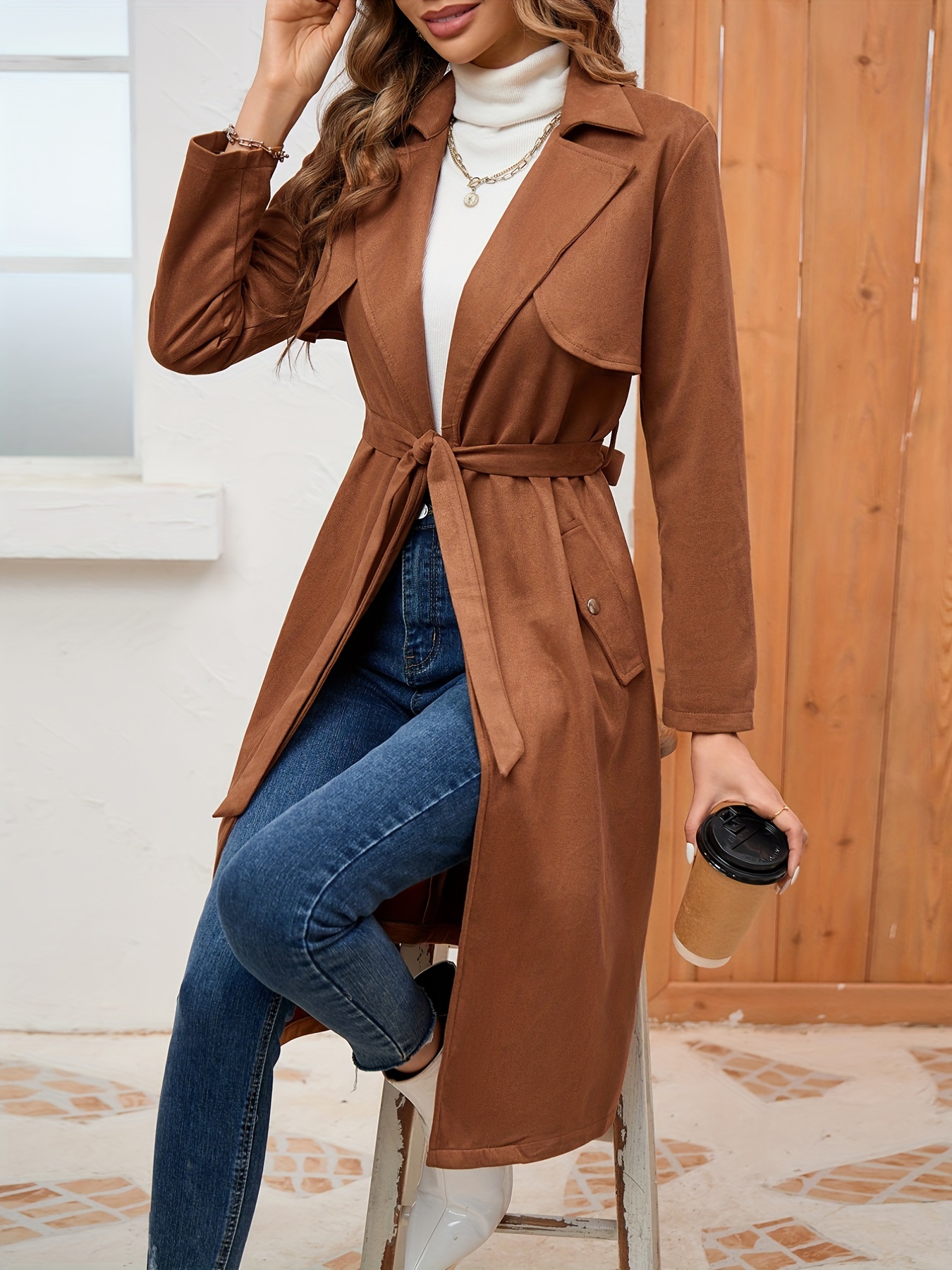 Comfy Belted Trench Coat, Elegant Lapel Neck Long Sleeve Coat, Women's  Clothing