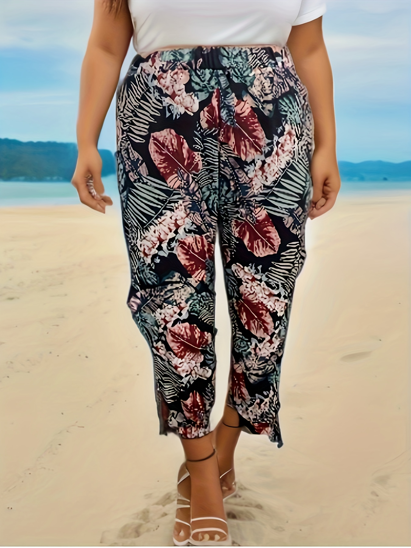 Plus Size Boho Pants Women's Plus Tropical Print Wide Leg - Temu