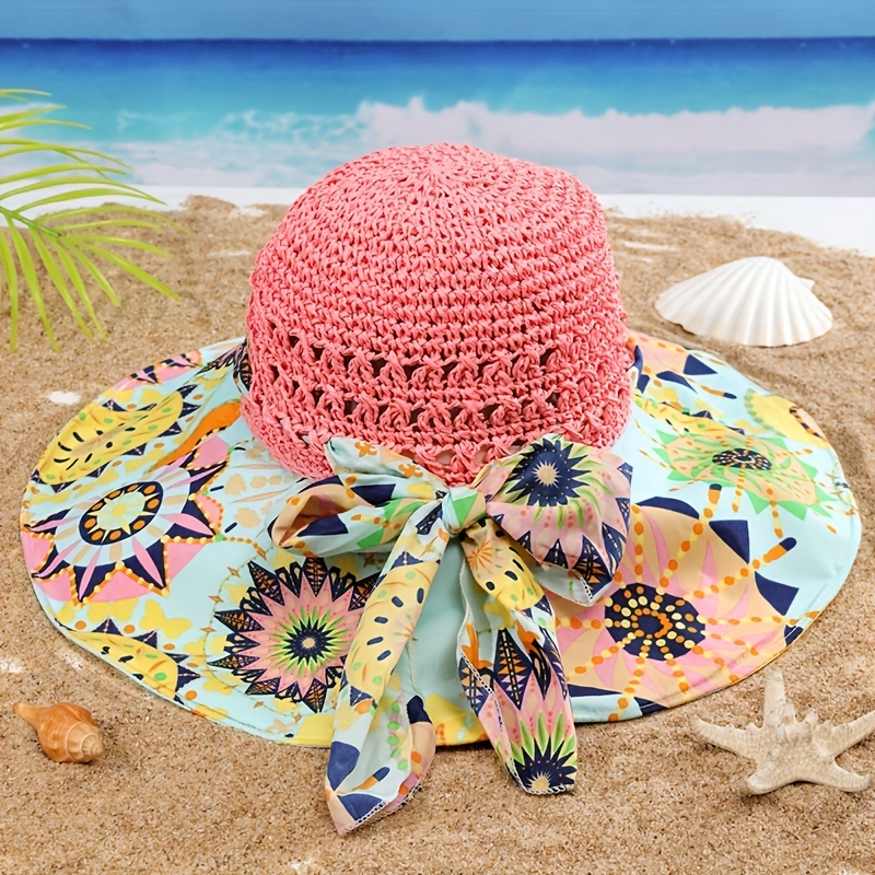 Boho Print Stitching Sun Hat Wide Brim Vintage Crochet Straw Hat UPF50+  Sunscreen Foldable Bucket Hat Travel Beach Hats