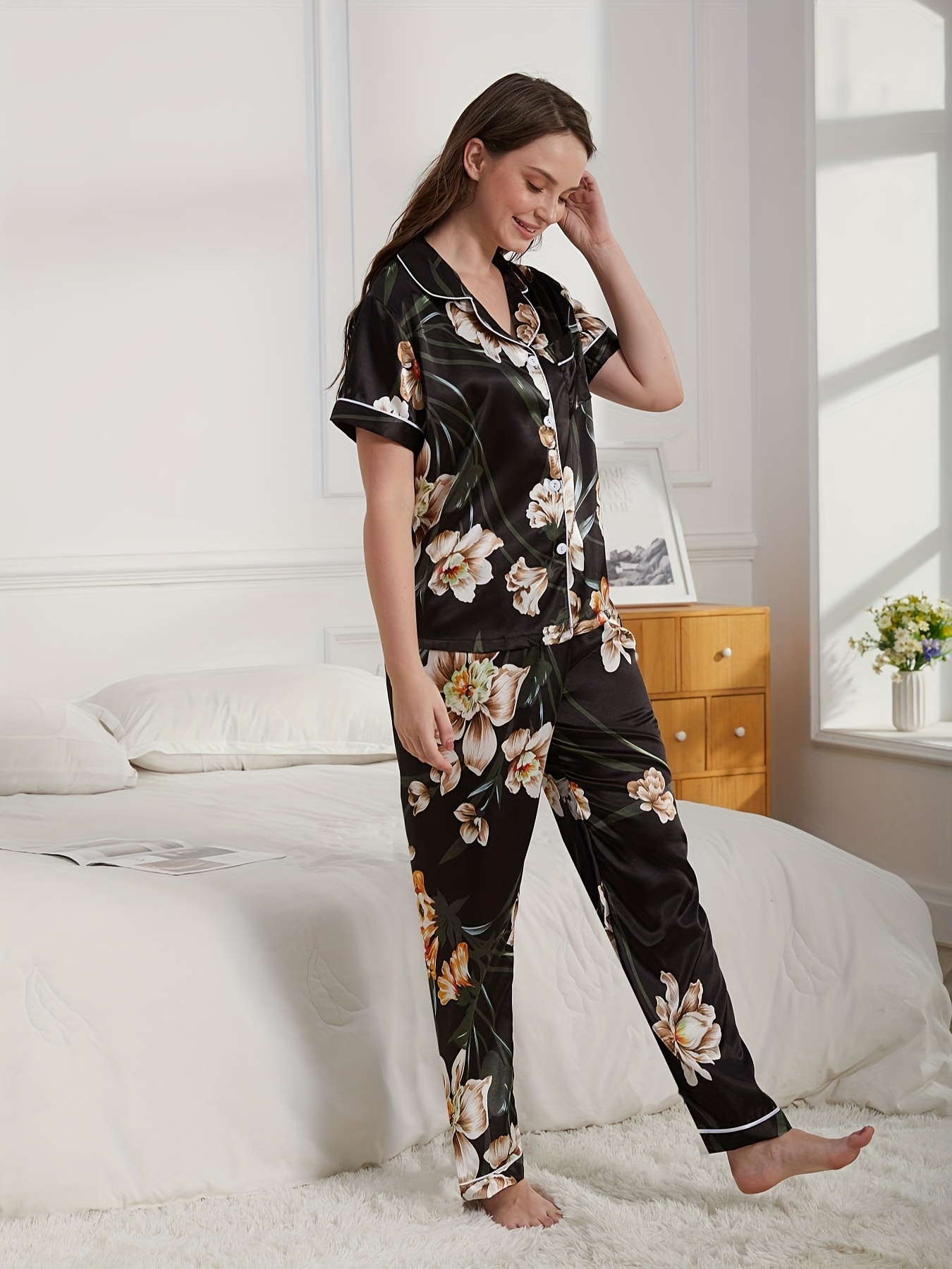 Floral Print Satin Pajama Set, Comfortable Lapel Short Sleeve Top & Elastic  Waistband Pants, Women's Sleepwear & Loungewear