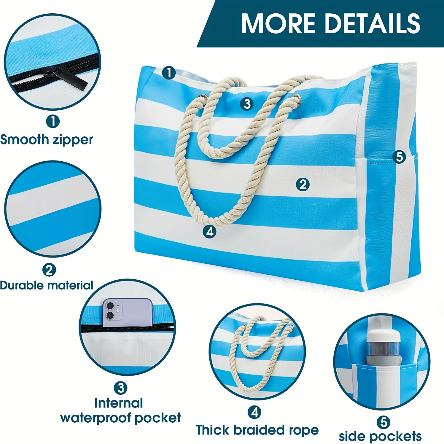Extra Large beach bag waterproof sandproof for Women Pool Swim Tote Bag  Collapsible Stripe Zipper Pockets Shoulder Bag