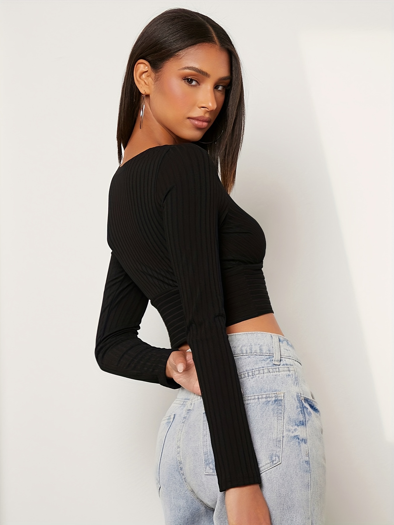 Women Sexy Crop Tops Deep V Neck Cropped Long Sleeve - Temu Portugal