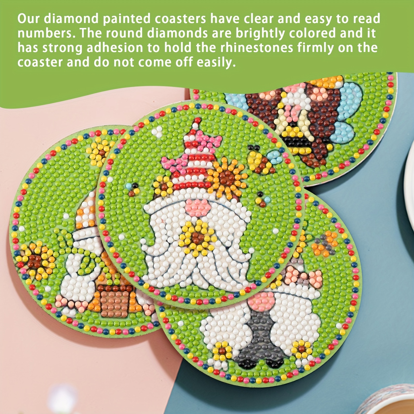 Handcrafted Diamond Dotz Coasters - Gnome Coffee Coasters - 8 - Non slip