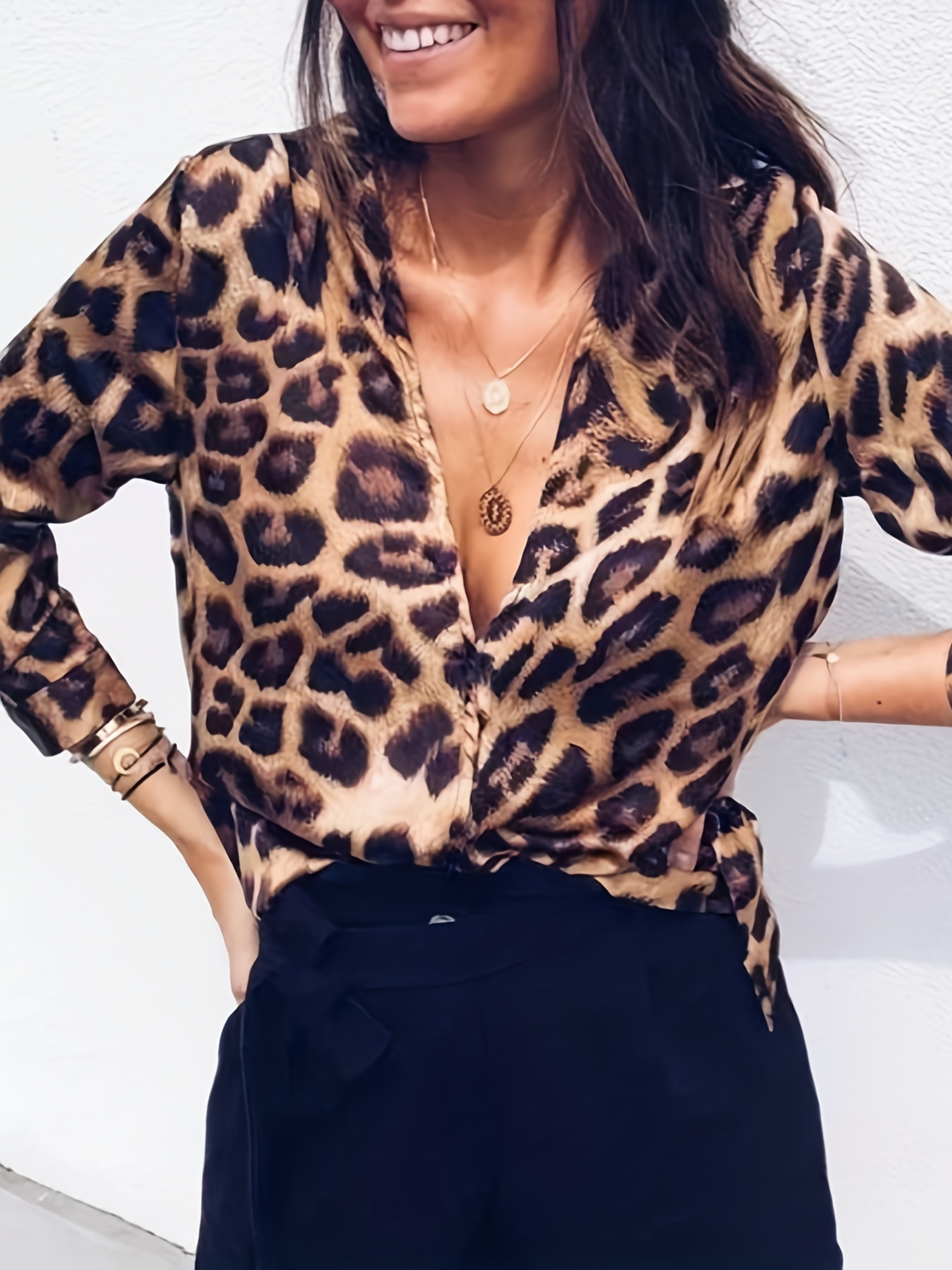 Rtuates Fashionable Leopard Blouse, V Neckline Long Sleeve Leopard Pullover  Blouse for Work (S) at  Women's Clothing store